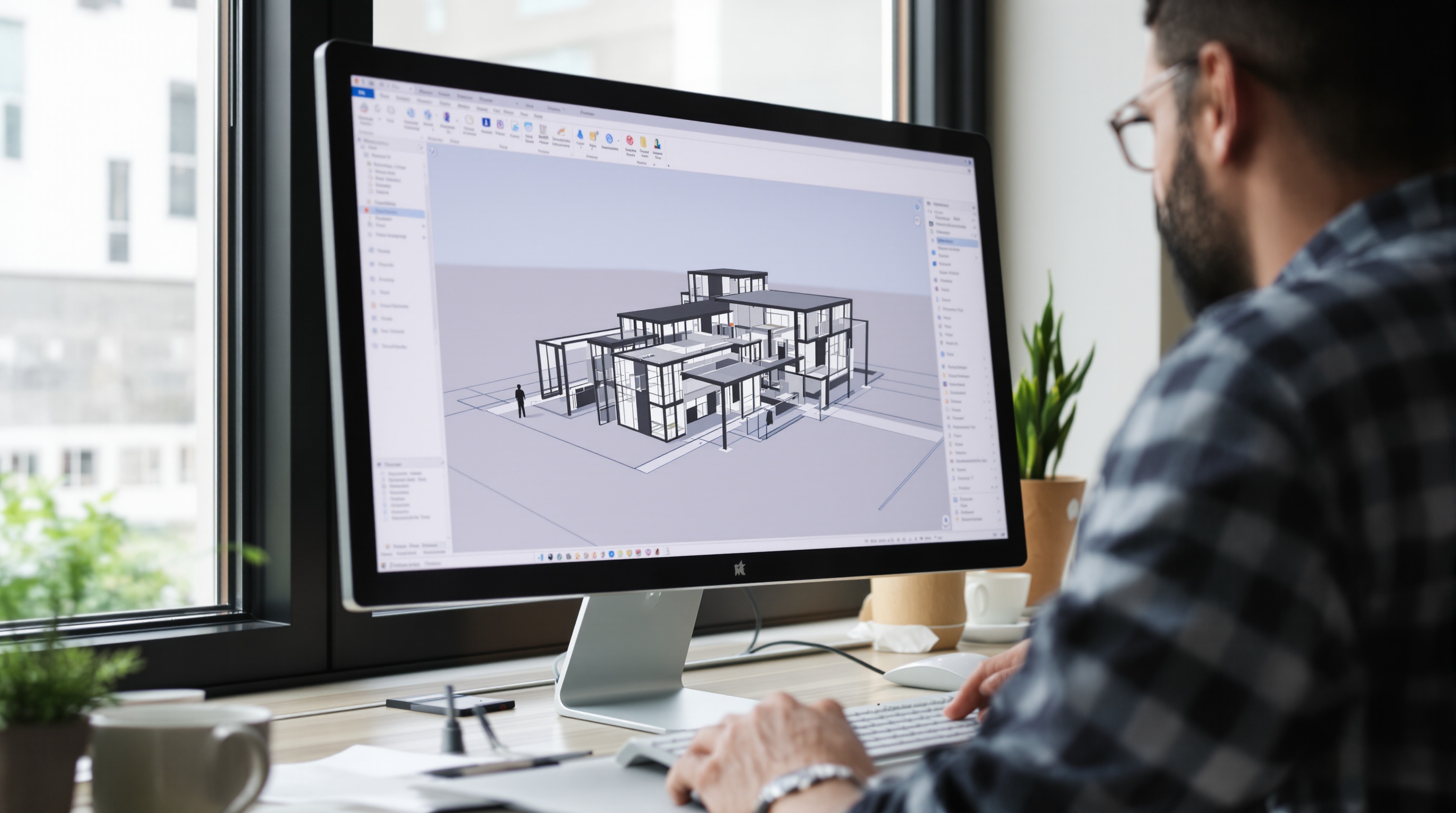 Profissional analisando maquete 3D de edifício de luxo em computador, representando ferramenta de projeto em 3D