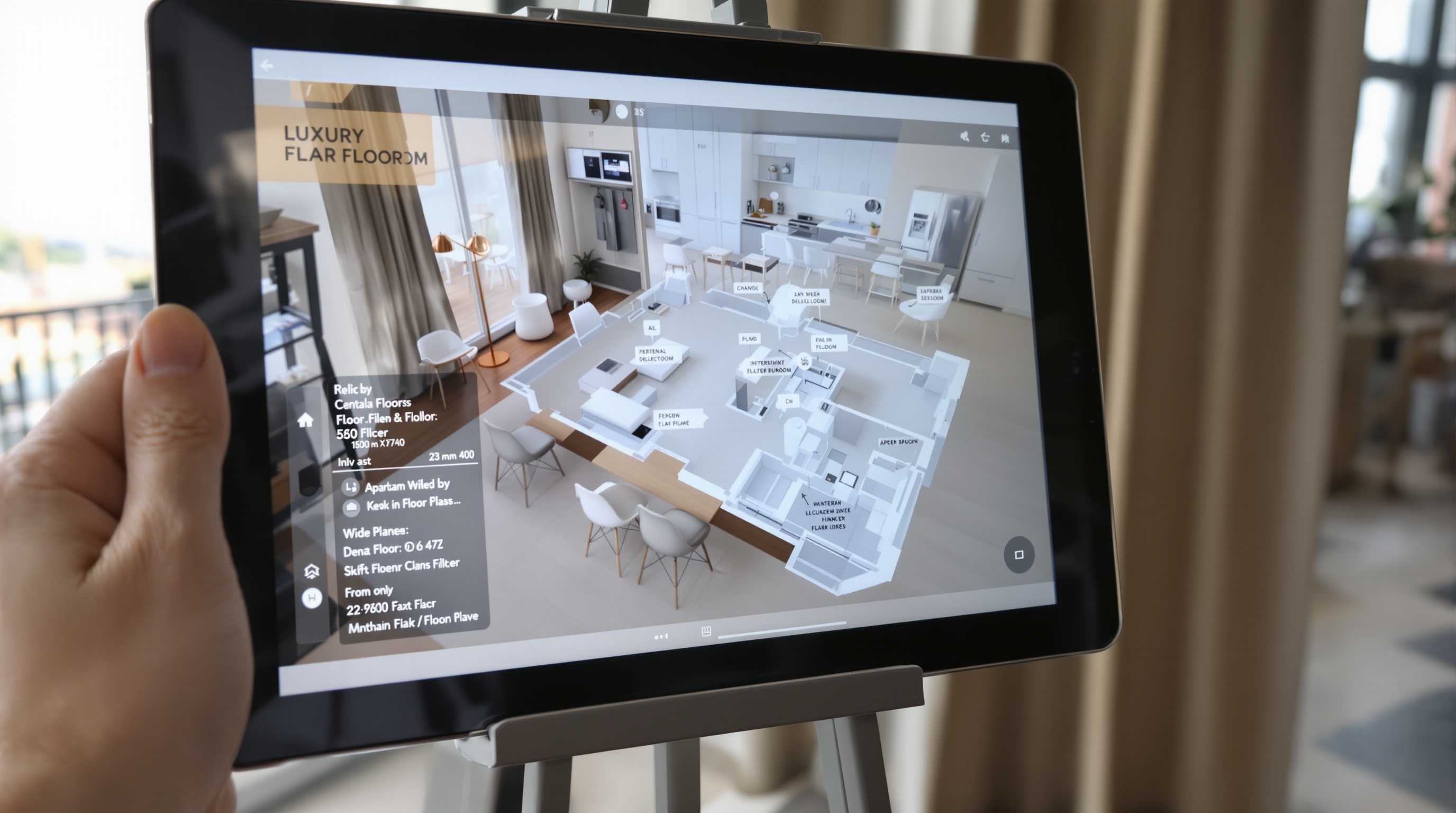 Planta 3D interativa de imóvel de luxo em tablet, demonstrando personalização e simulação de acabamentos