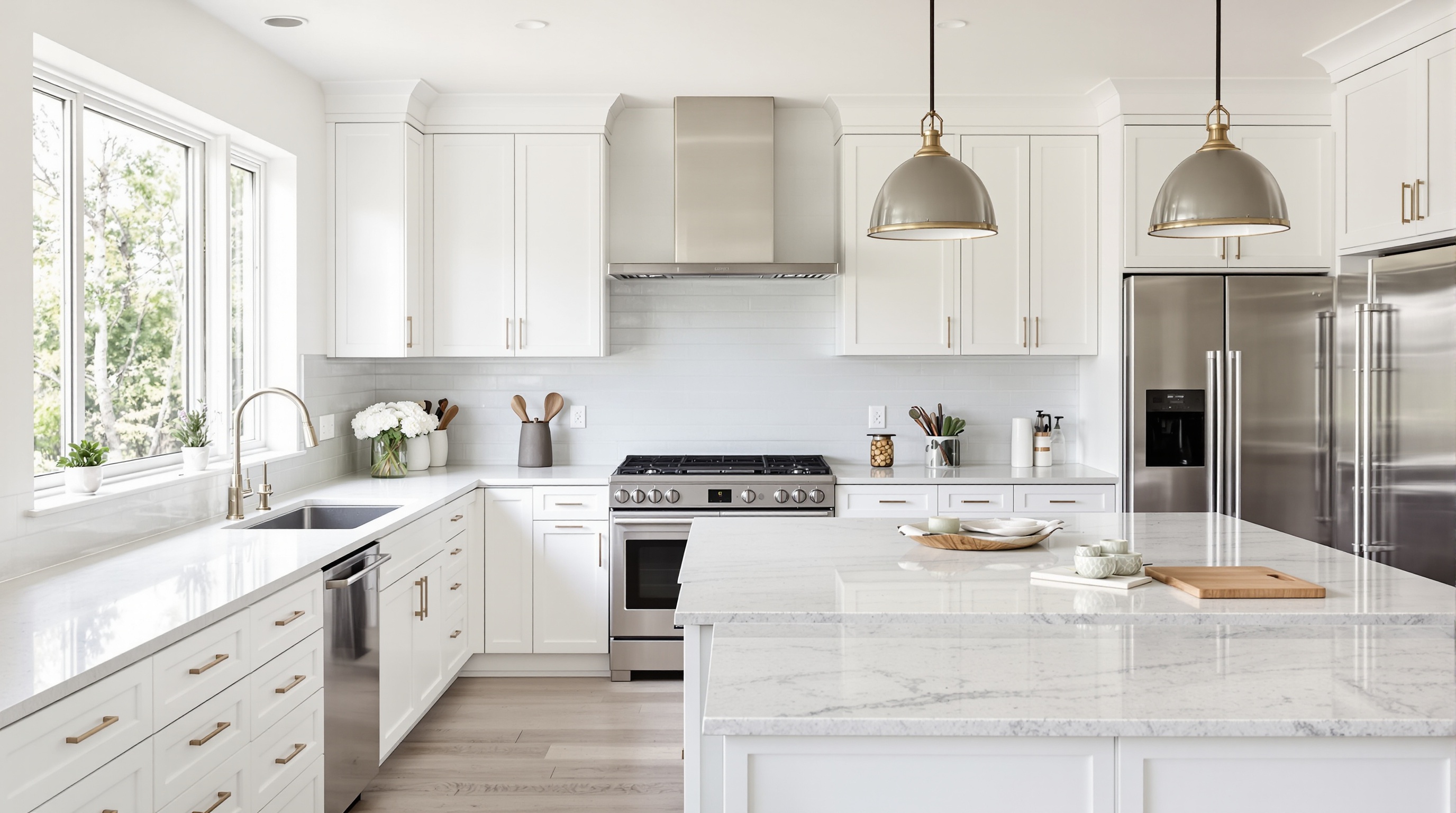 Cozinha com acabamento de luxo: marcenaria branca, revestimento porcelanato grande formato e iluminação técnica integrada