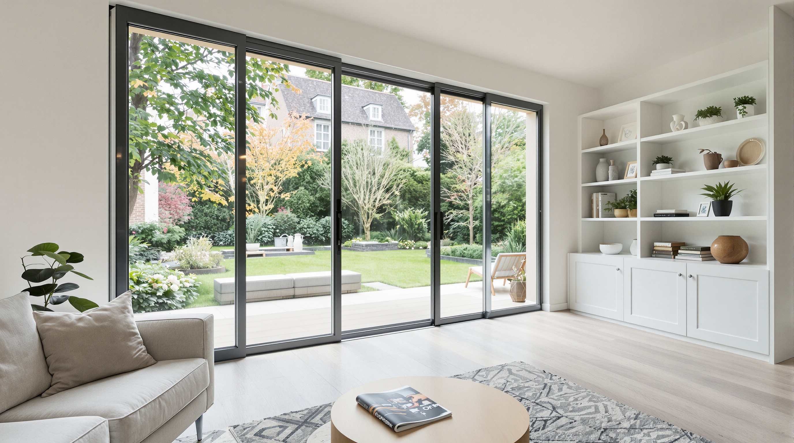 Sala de estar com acabamento minimalista, portas de vidro com esquadrias premium e piso de madeira em imóvel de alto padrão