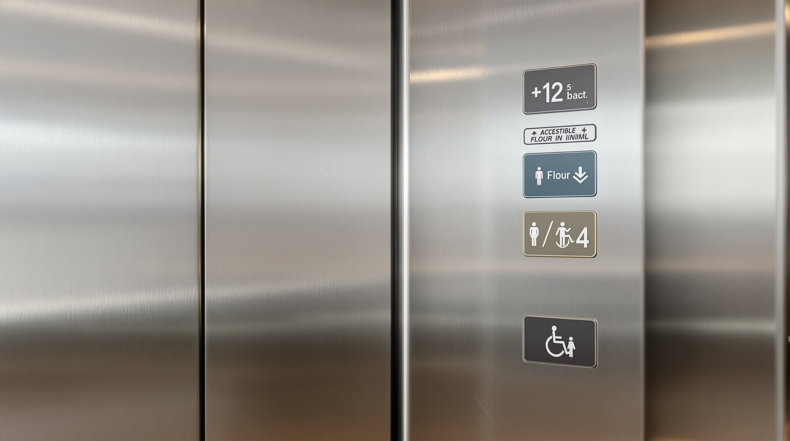 Interior de elevador acessível em condomínio de luxo, mostrando botões em altura variada e sinalização tátil de acessibilidade