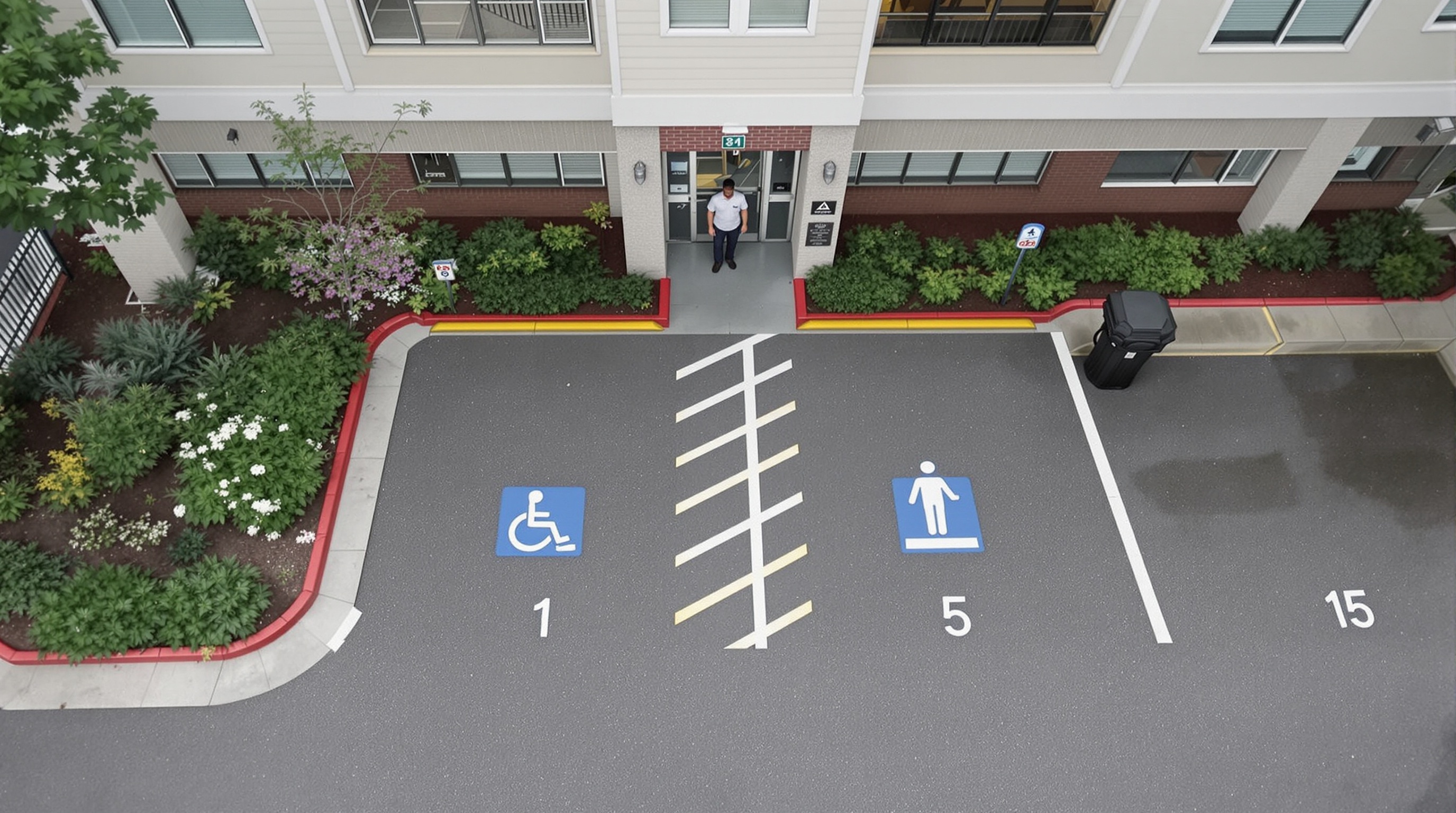 Vagas de estacionamento acessíveis em condomínio de alto padrão, sinalizadas conforme NBR 9050 para inclusão de pessoas com deficiência