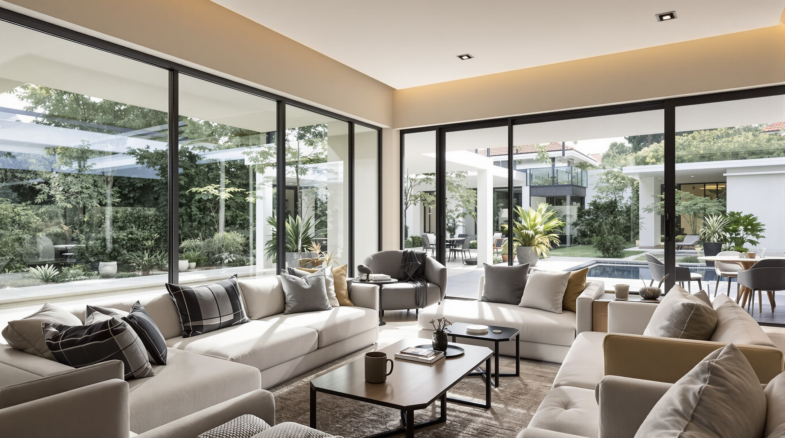 Sala moderna de casa de luxo em Alphaville Barueri SP com vista para jardim
