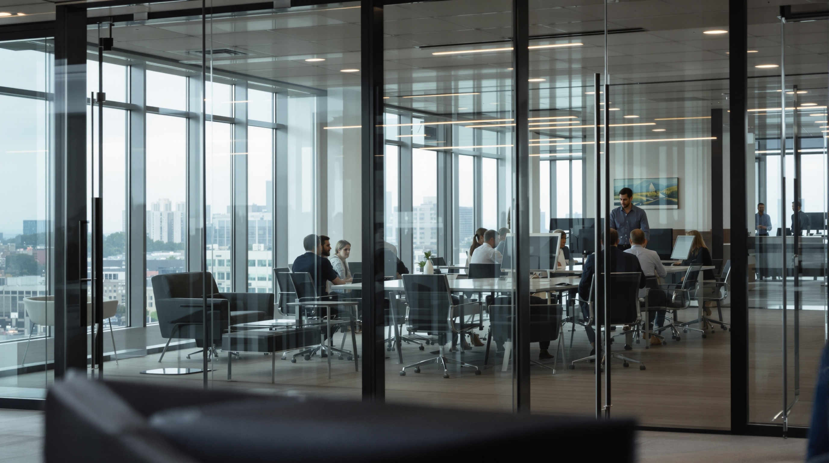 Espaço corporativo em Alphaville Industrial onde executivos trabalham próximo à moradia de alto padrão