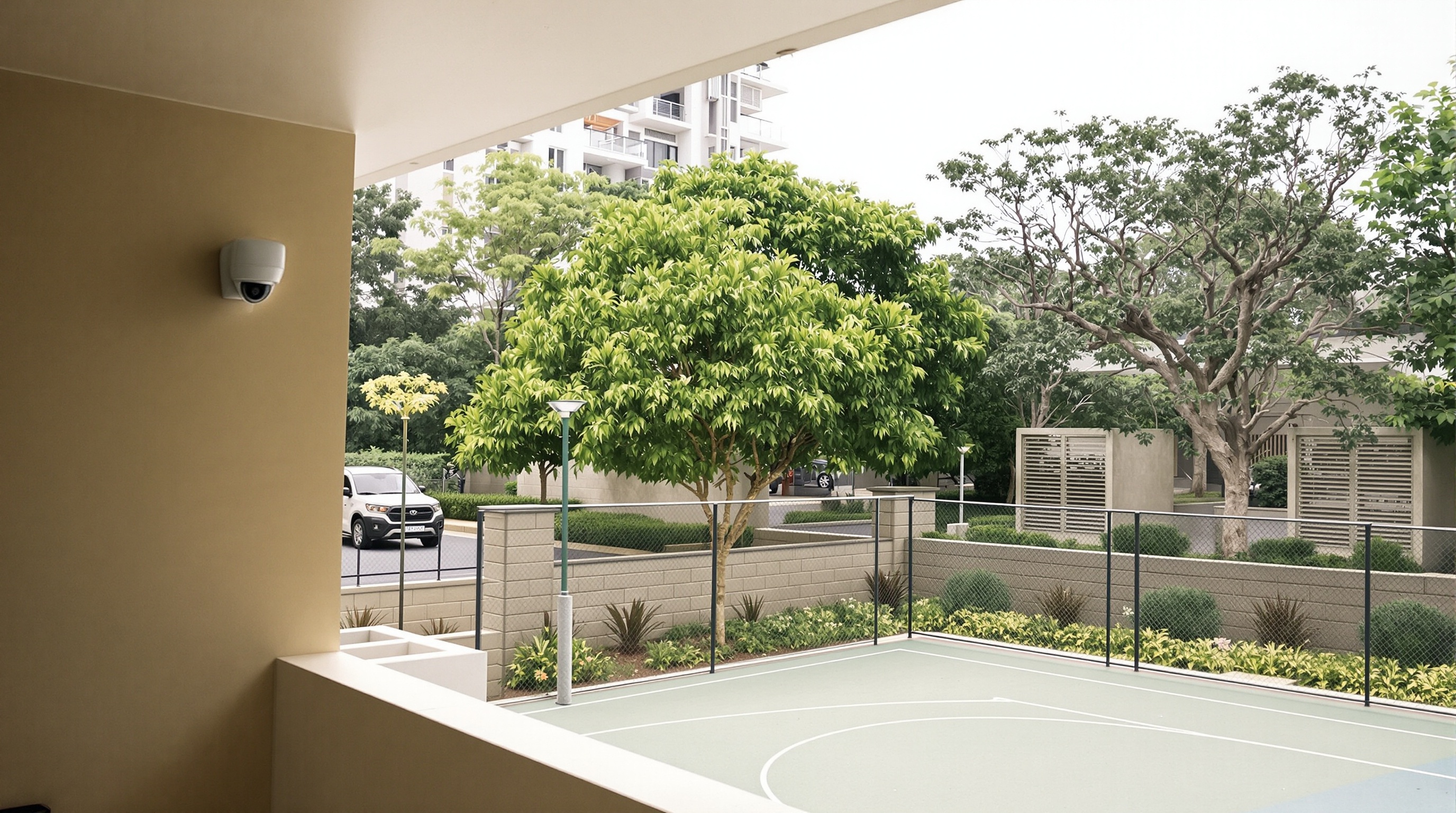 Área comum com quadra esportiva e infraestrutura de segurança do residencial Tamboré 10 em Alphaville
