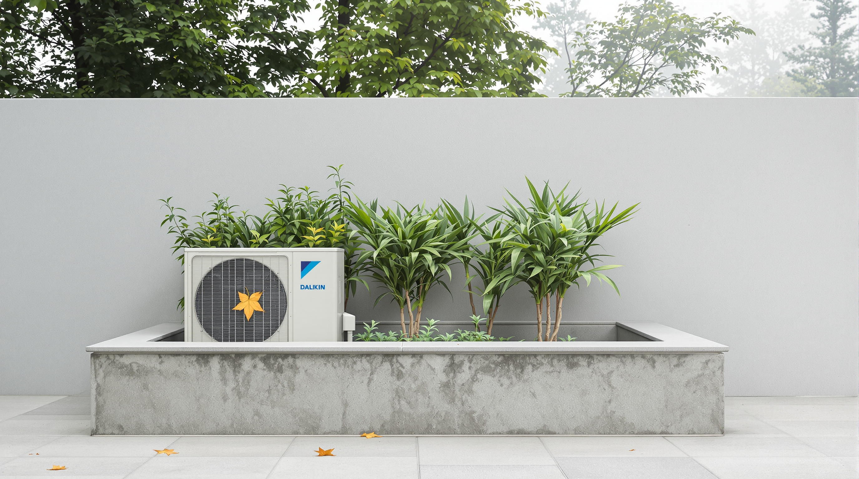 Unidade externa de ar-condicionado premium discretamente posicionada no paisagismo de mansão