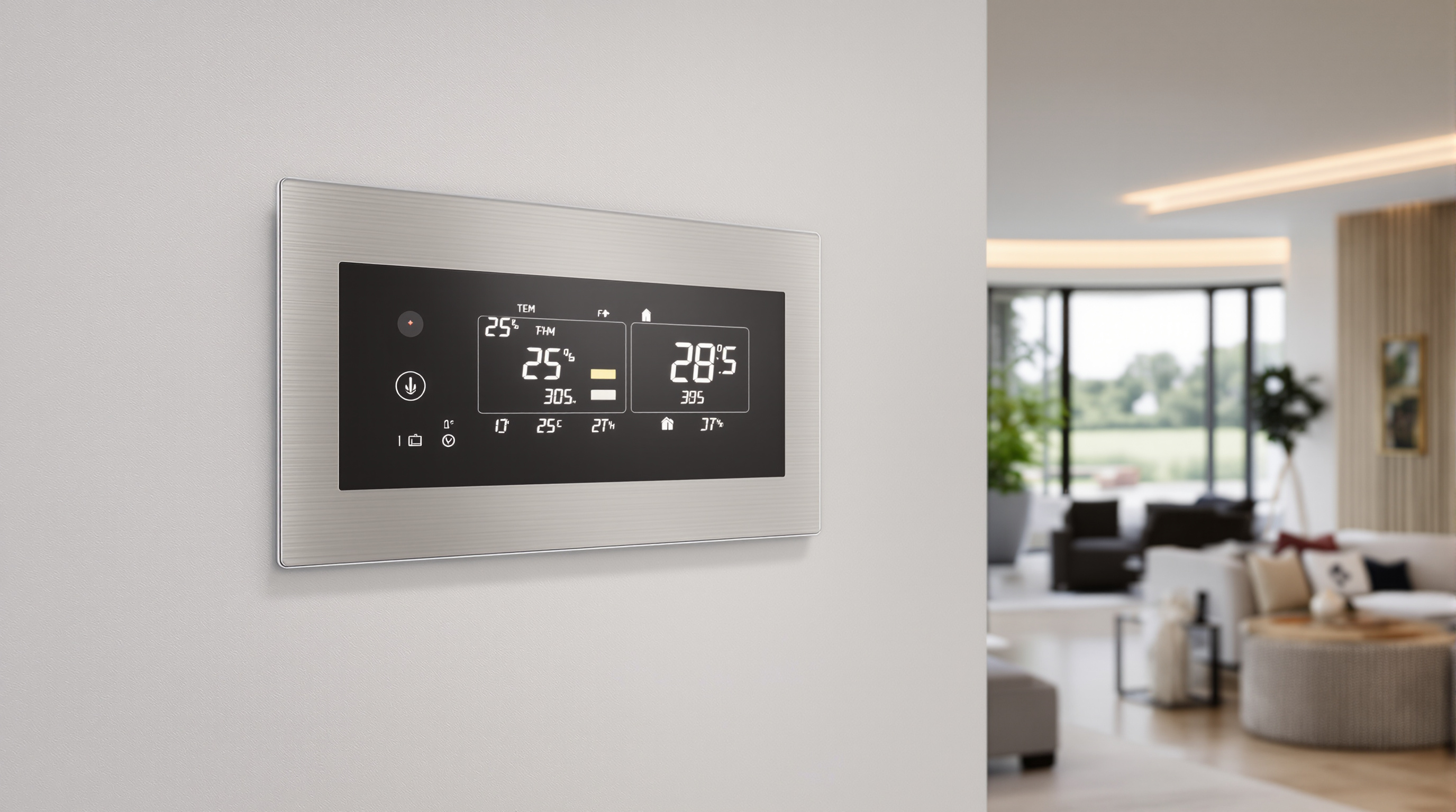 Painel de controle inteligente de climatização com automação residencial em sala de estar de luxo