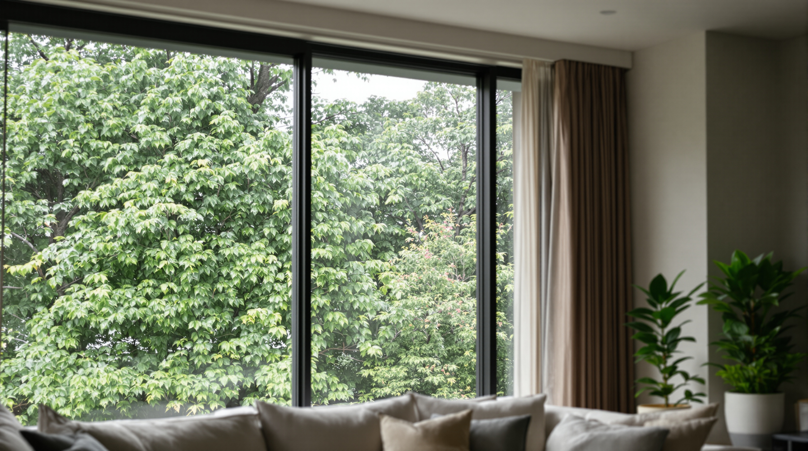 Sala de apartamento de luxo com vista para arborização e biofilia aplicada no design