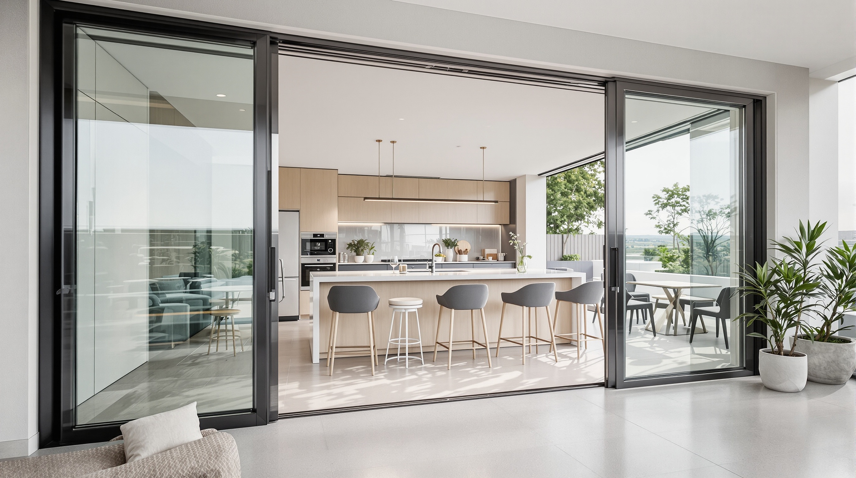 Varanda gourmet de apartamento de luxo com integração total indoor-outdoor e vista para área de estar