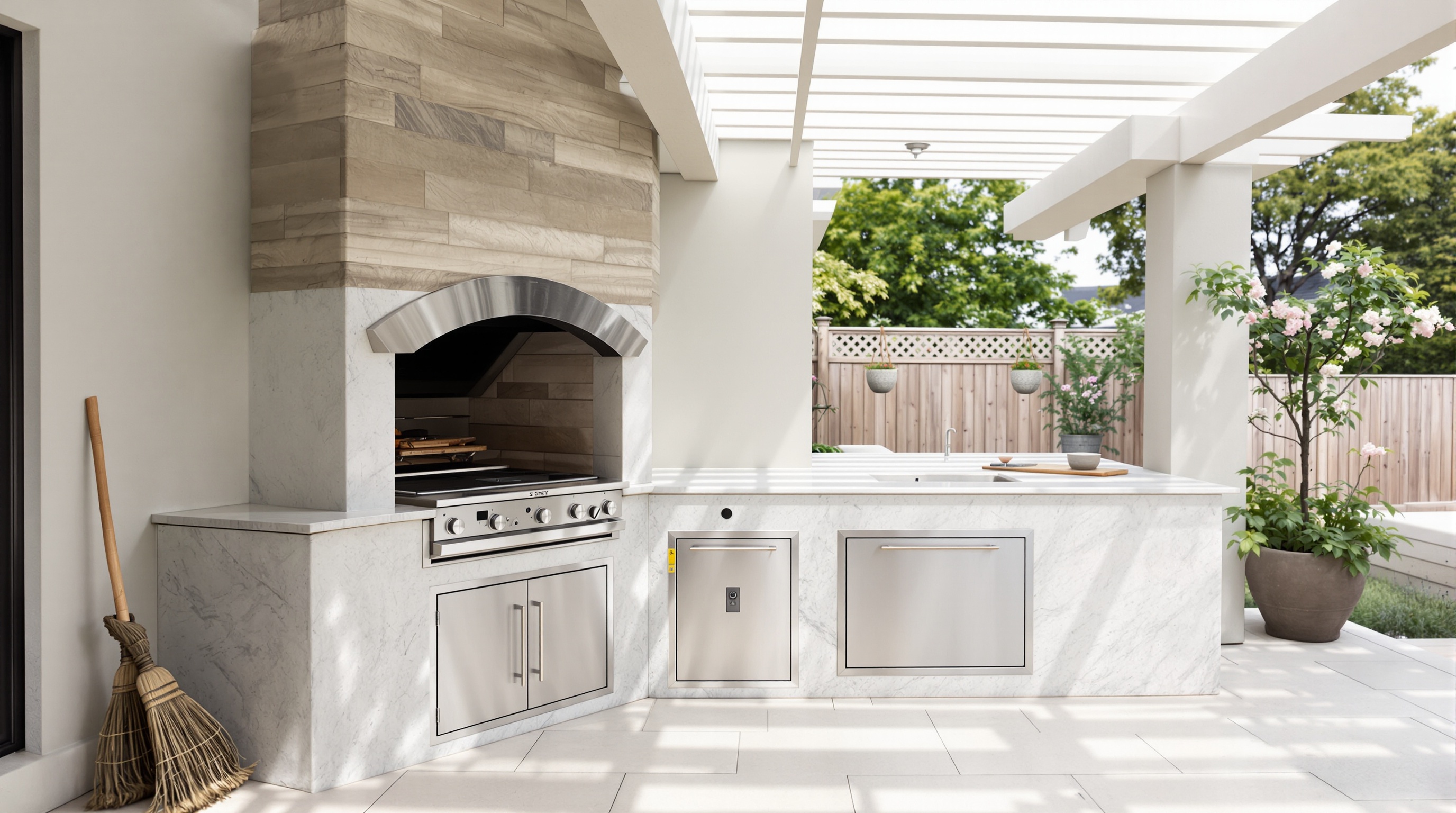 Detalhe de área gourmet profissional com forno de lenha e cooktop em casa de alto padrão