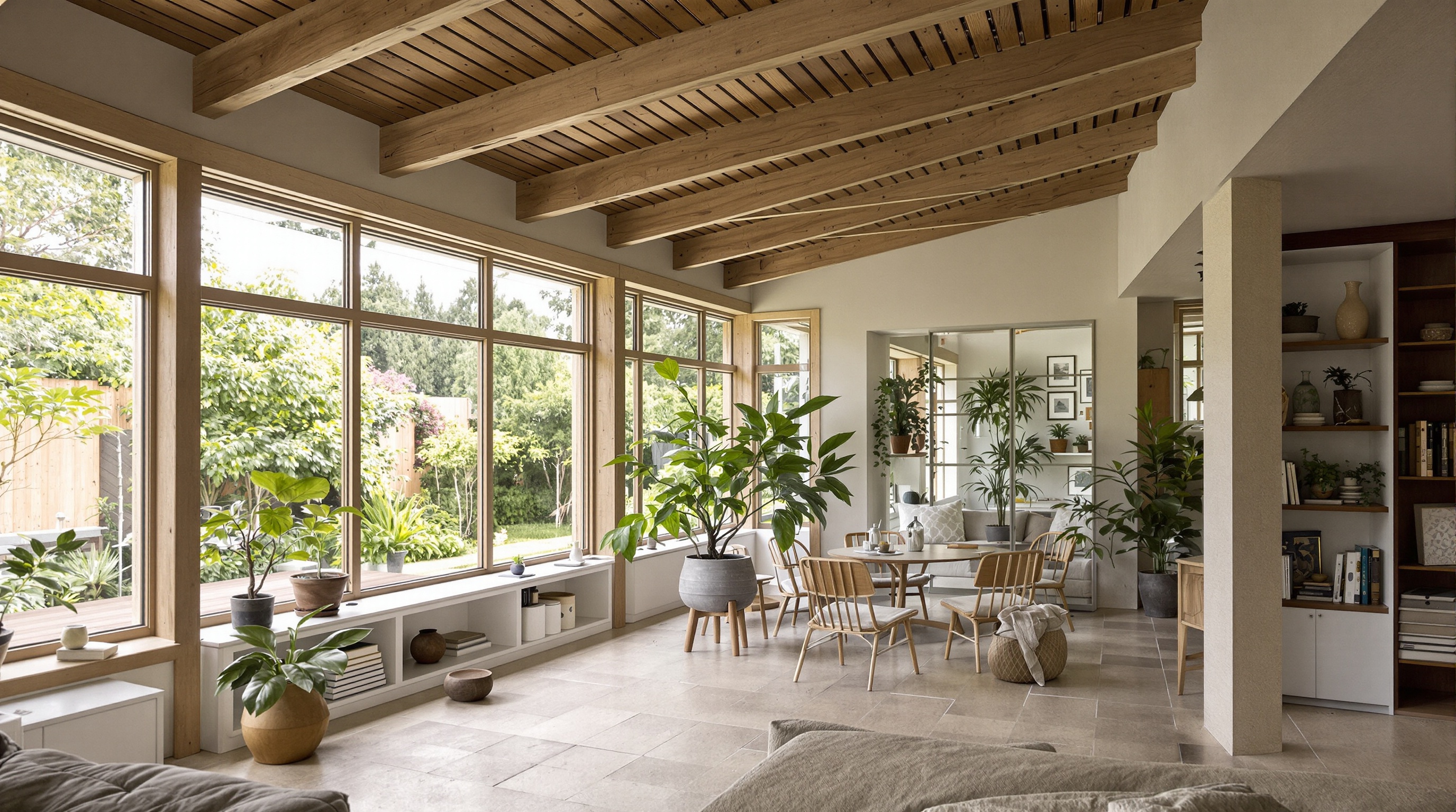 Sala de pé-direito duplo com vigas aparentes, vegetação nativa visível pelas janelas, claraboias naturais e materiais brutos em residência biofílica de alto padrão