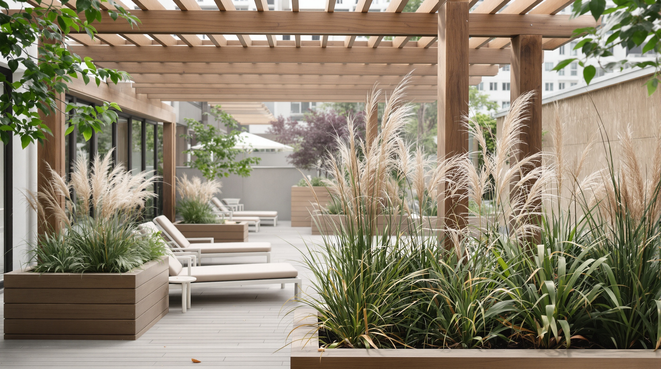 Terraço biofílico com pergolado em madeira, paisagismo com espécies nativas e bancadas elevadas em condomínio de alto padrão