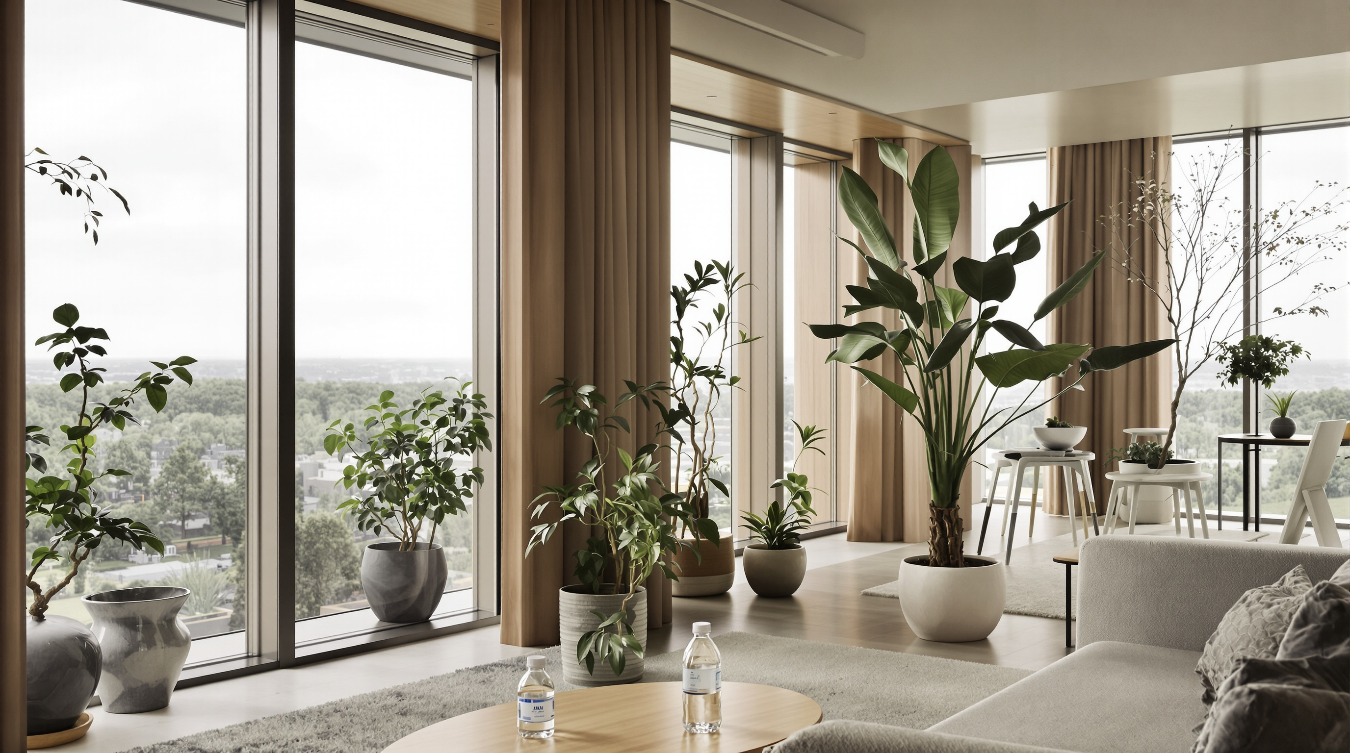 Interior com biophilic design e arquitetura internacional de wellness em residencial de luxo