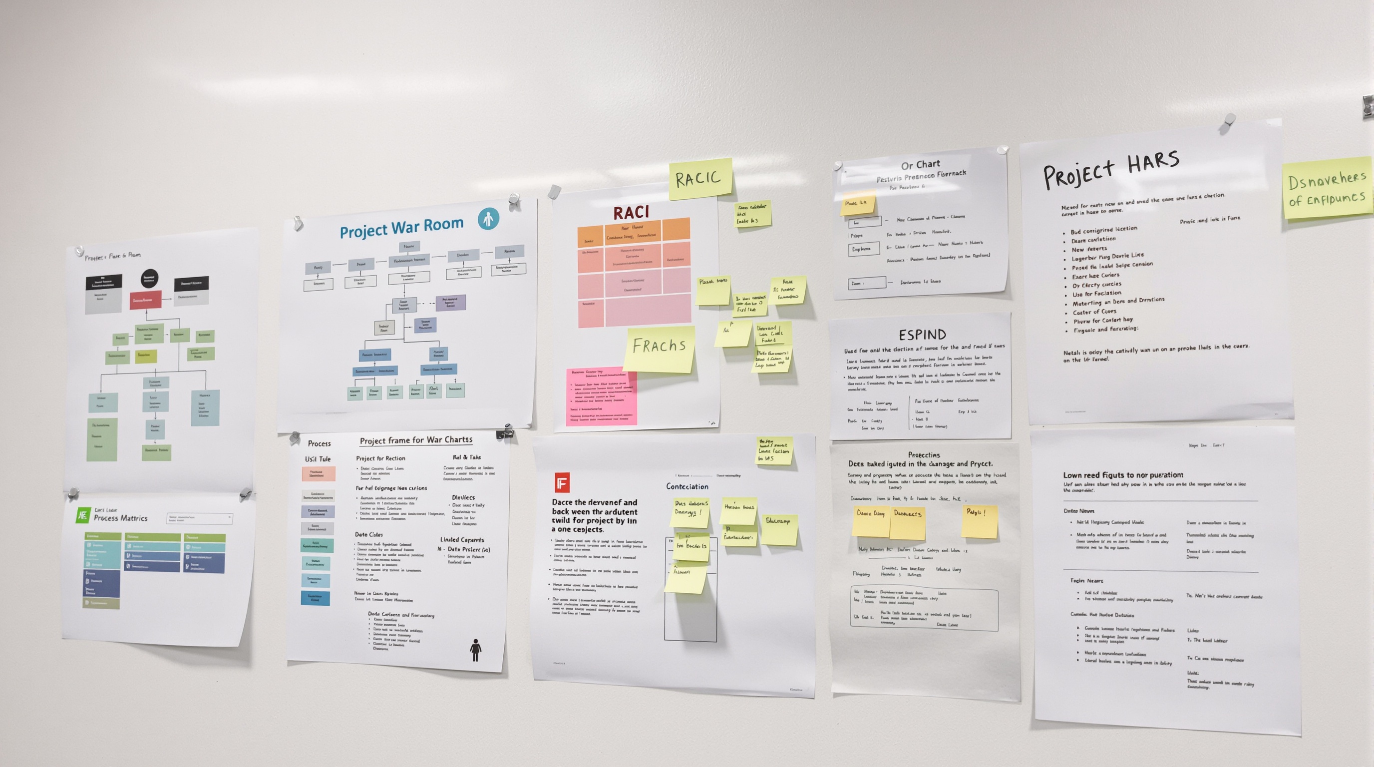 Matriz RACI e fluxogramas de arquitetura organizacional em parede de projeto de construção