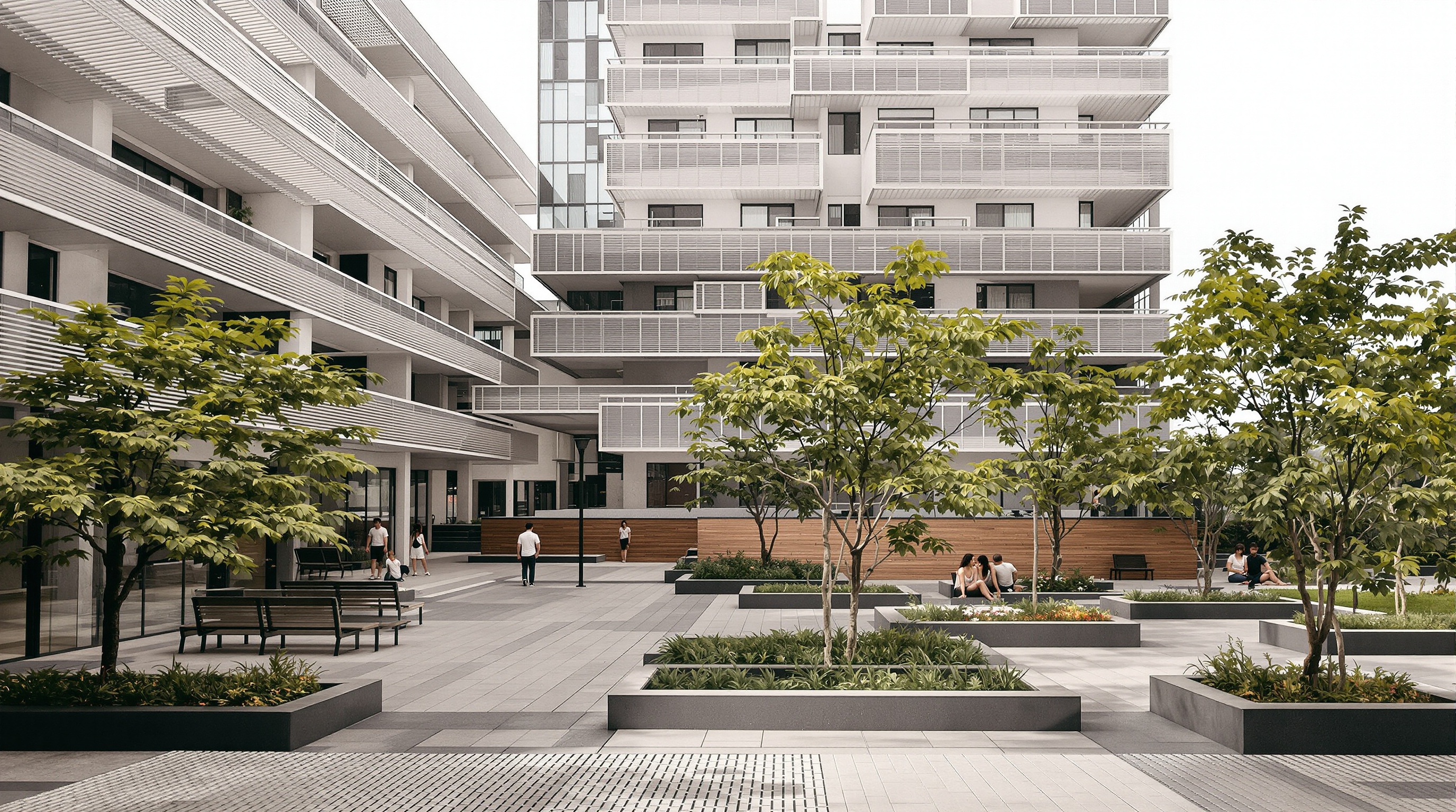 Praça semipública e circulação em empreendimento de uso misto com arquitetura e urbanismo de alto padrão, brises, paisagismo e pedestres