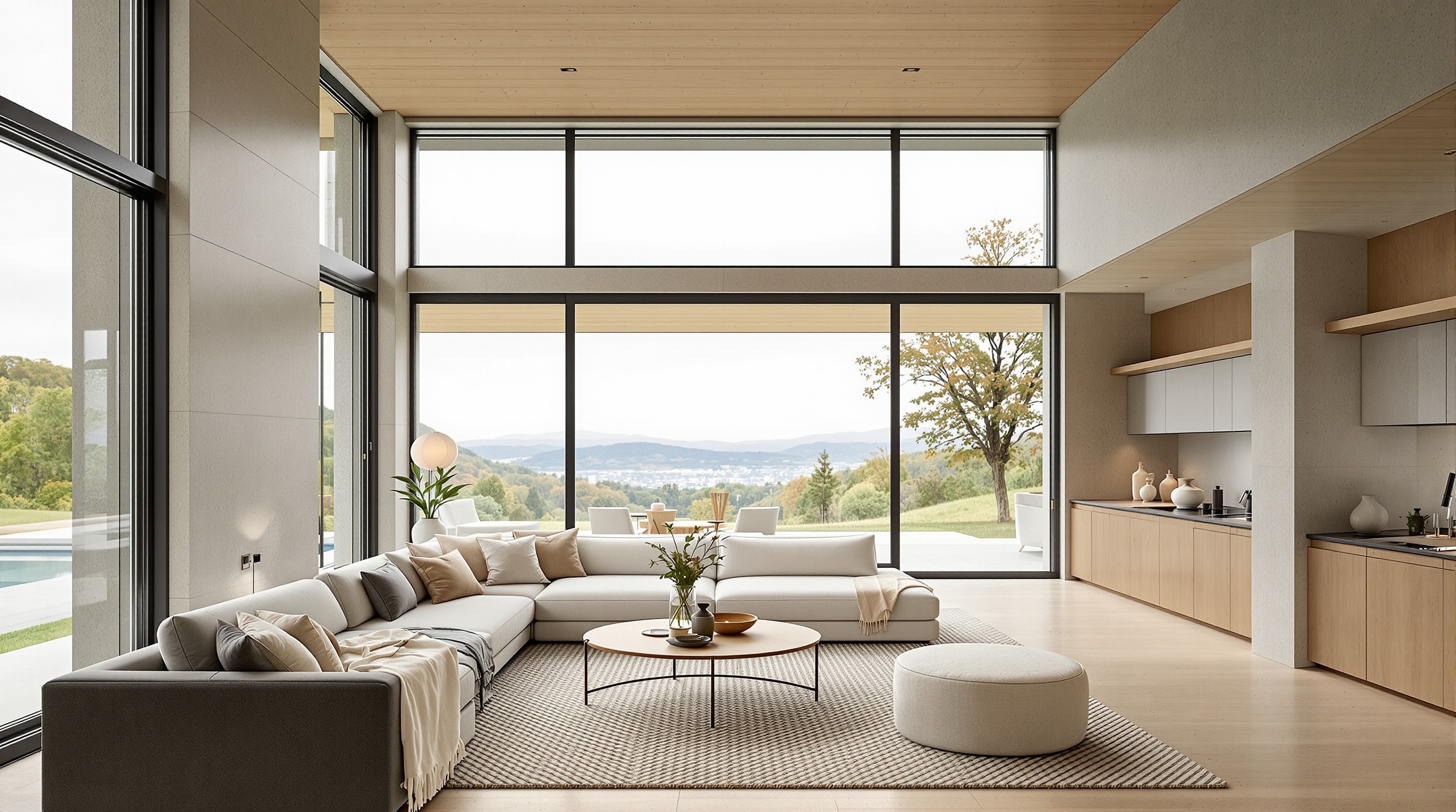 Interior de residência de luxo com minimalismo aconchegante, materiais naturais, luz natural controlada e mobiliário contemporâneo em arquitetura e urbanismo afetiva