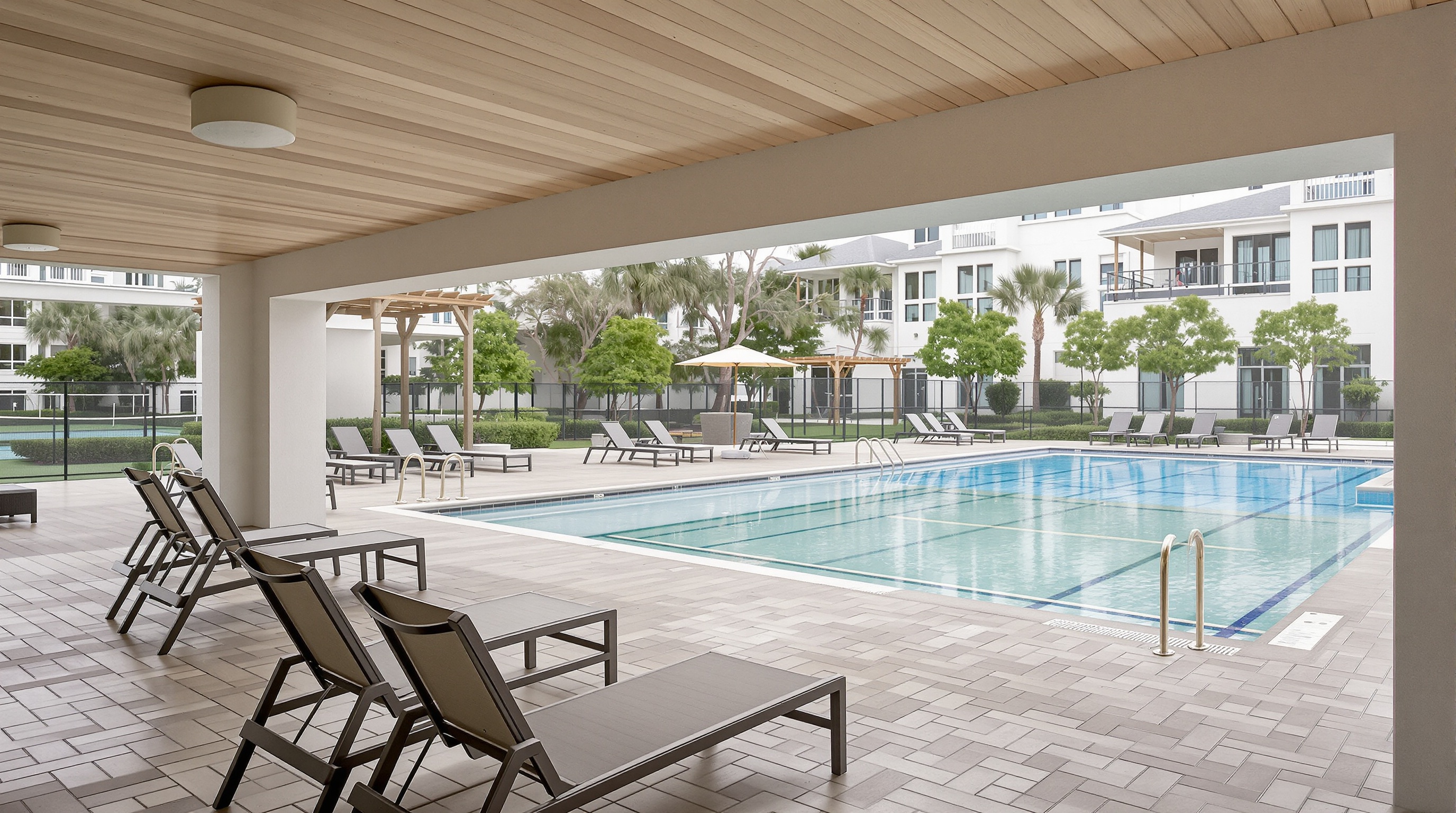 Área de lazer de condomínio de luxo em Alphaville Industrial: piscina resort, quadra de tênis, clubhouse corporativo