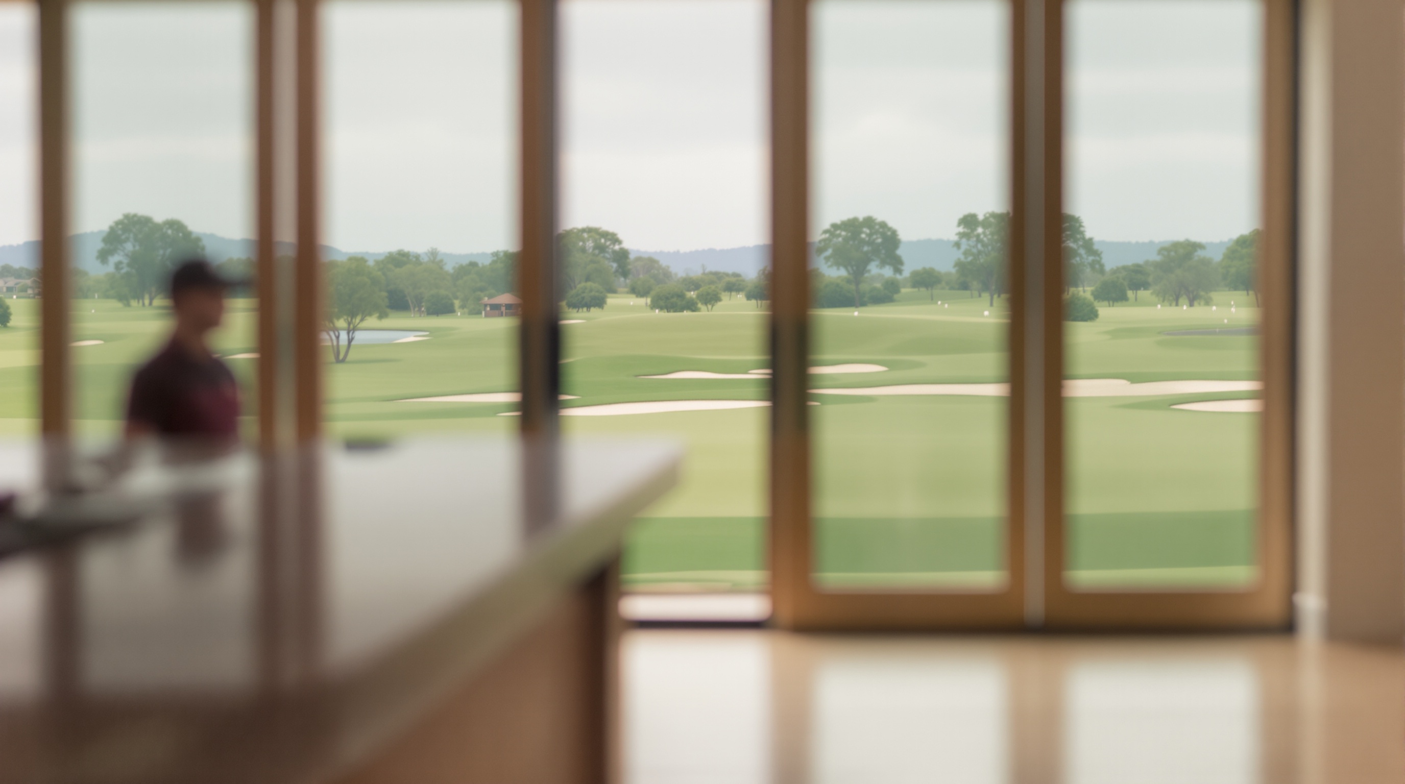 Clubhouse da Fazenda Boa Vista com bar e vista para o fairway do campo de golfe de 18 buracos.