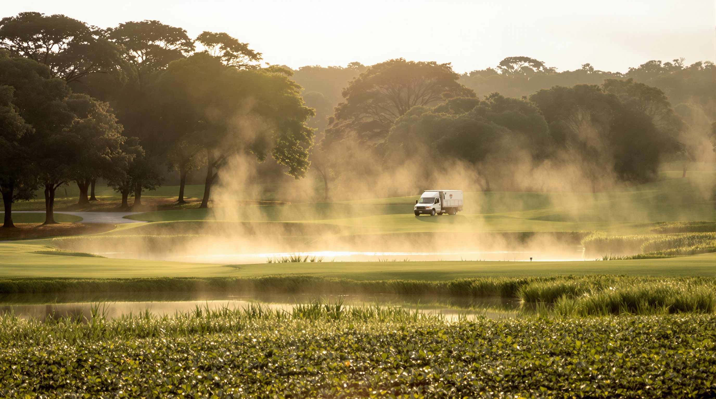 Fairway do campo Randall Thompson na Fazenda Boa Vista em manhã nublada, mostrando integração com lagos naturais.