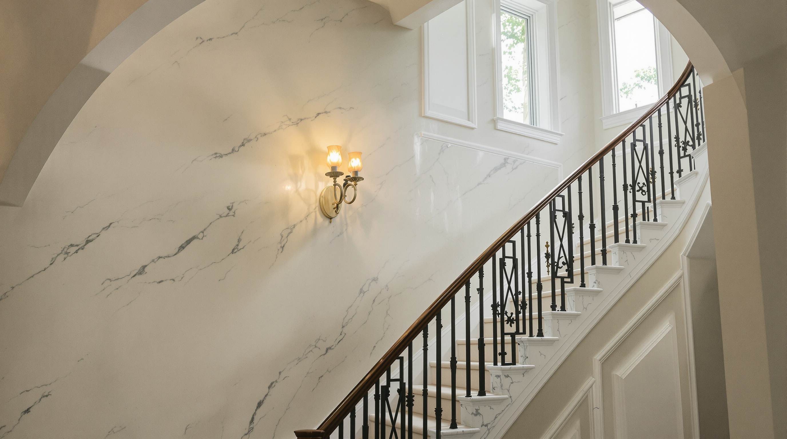 Interior com escada de mármor em mansão de luxo, evidenciando padrão construtivo premium