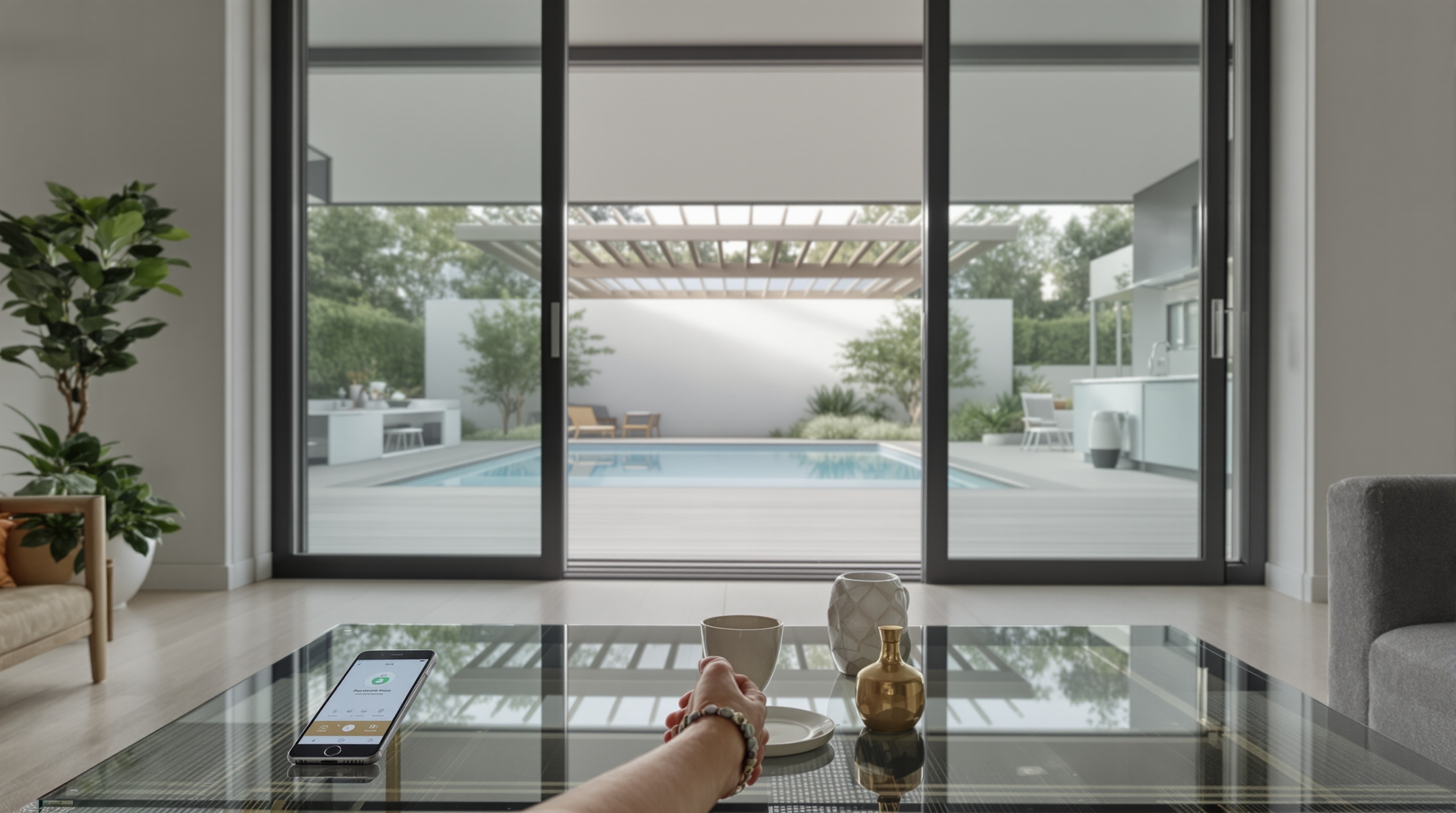 Integração interior-exterior de casa de luxo arquitetura moderna com vidro piso-teto e área gourmet aberta
