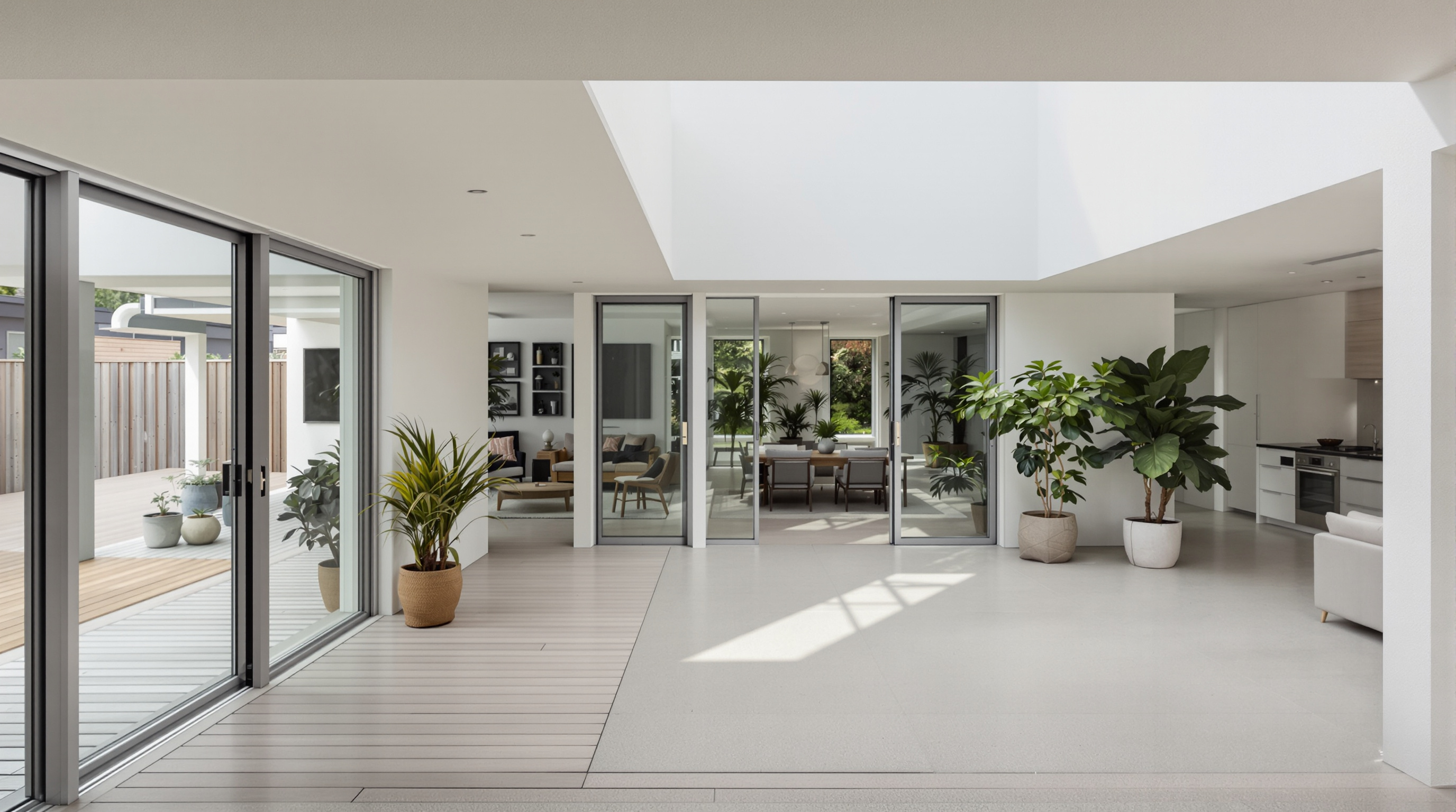 Pátio central de casa térrea contemporânea com luz natural filtrada e circulação integrada