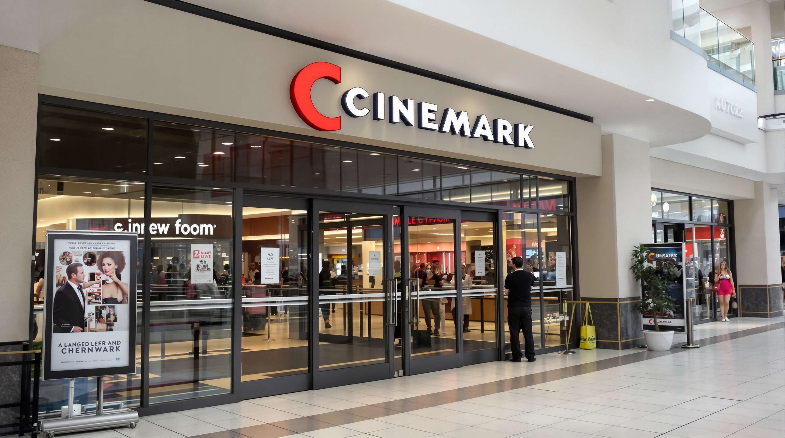 Fachada de cinema Cinemark em shopping de luxo, com entrada vidrada e sinalização discreta
