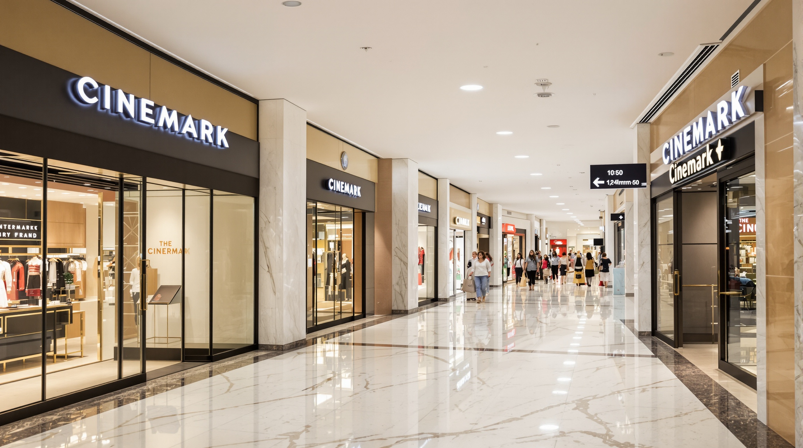 Corredor de shopping de padrão AAA mostrando localização estratégica de cinema Cinemark entre lojas de luxo