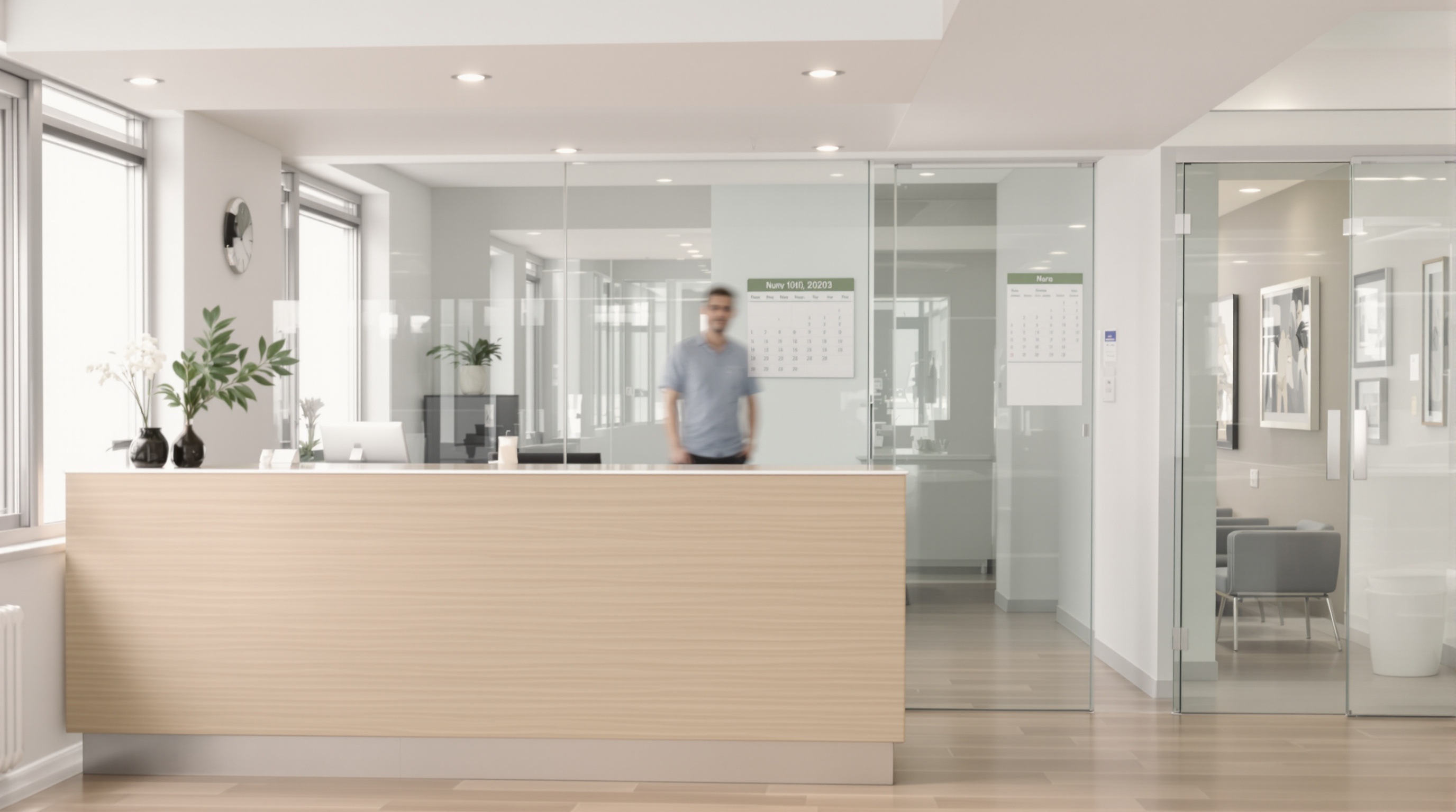 Recepção de clínica integrada em Porto Feliz com estrutura moderna e mobiliário contemporâneo para atendimento ambulatorial.