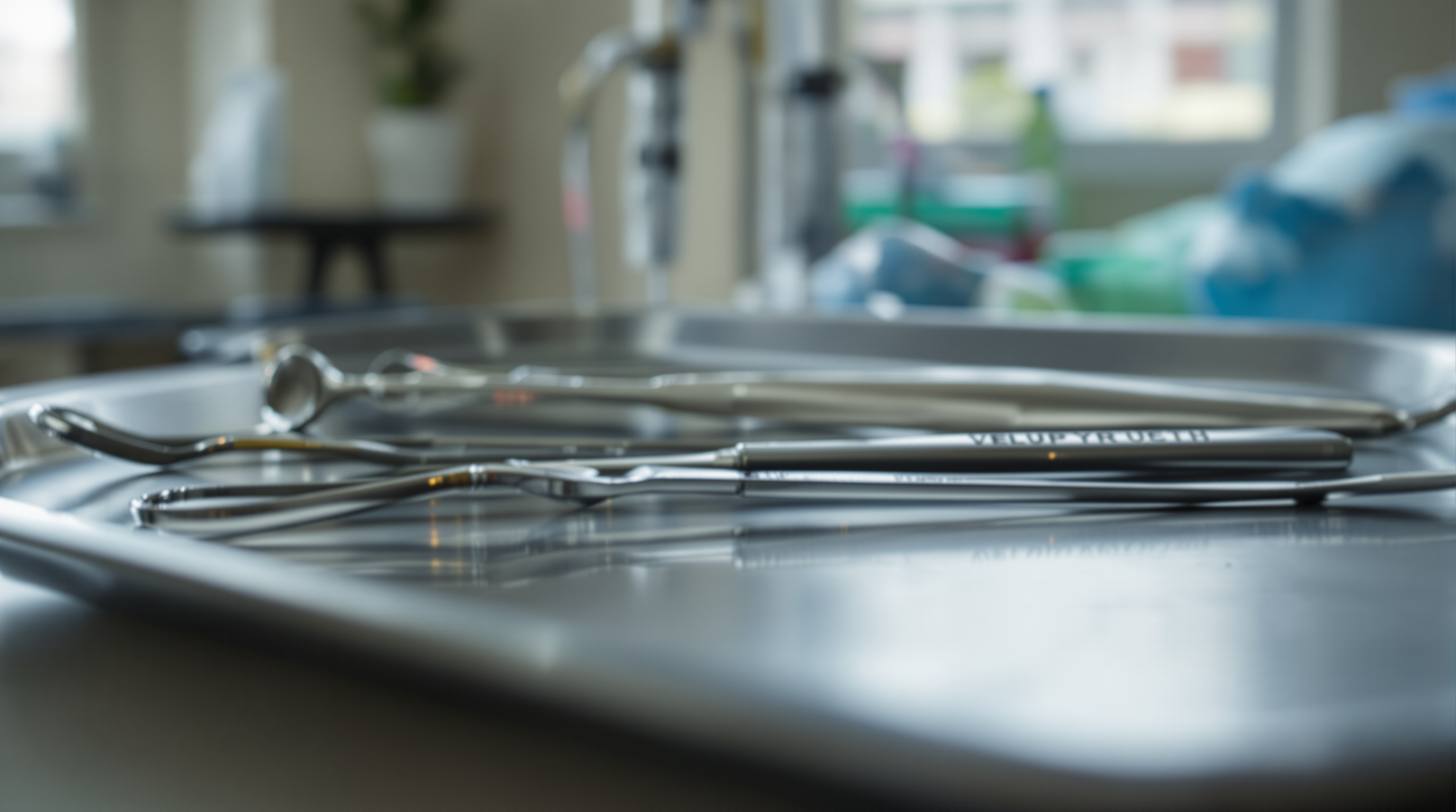 Instrumentos cirúrgicos veterinários em bandeja de aço inox em sala de cirurgia de clínica veterinária em Alphaville