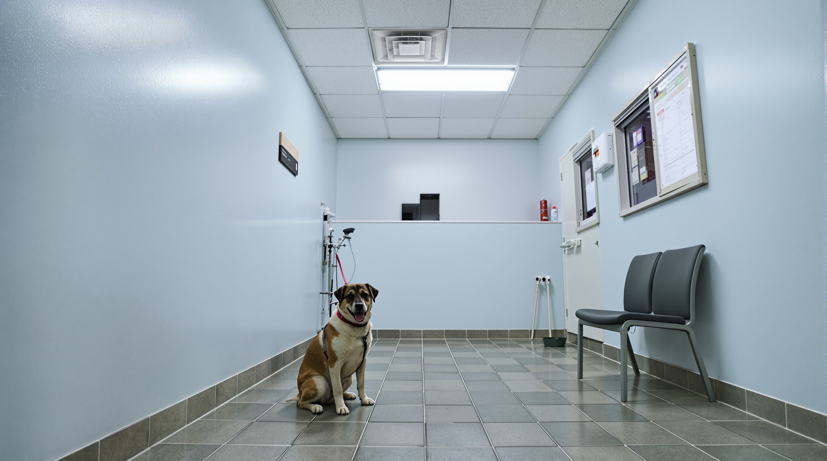 Cão aguardando atendimento em clínica veterinária em Alphaville com proprietário