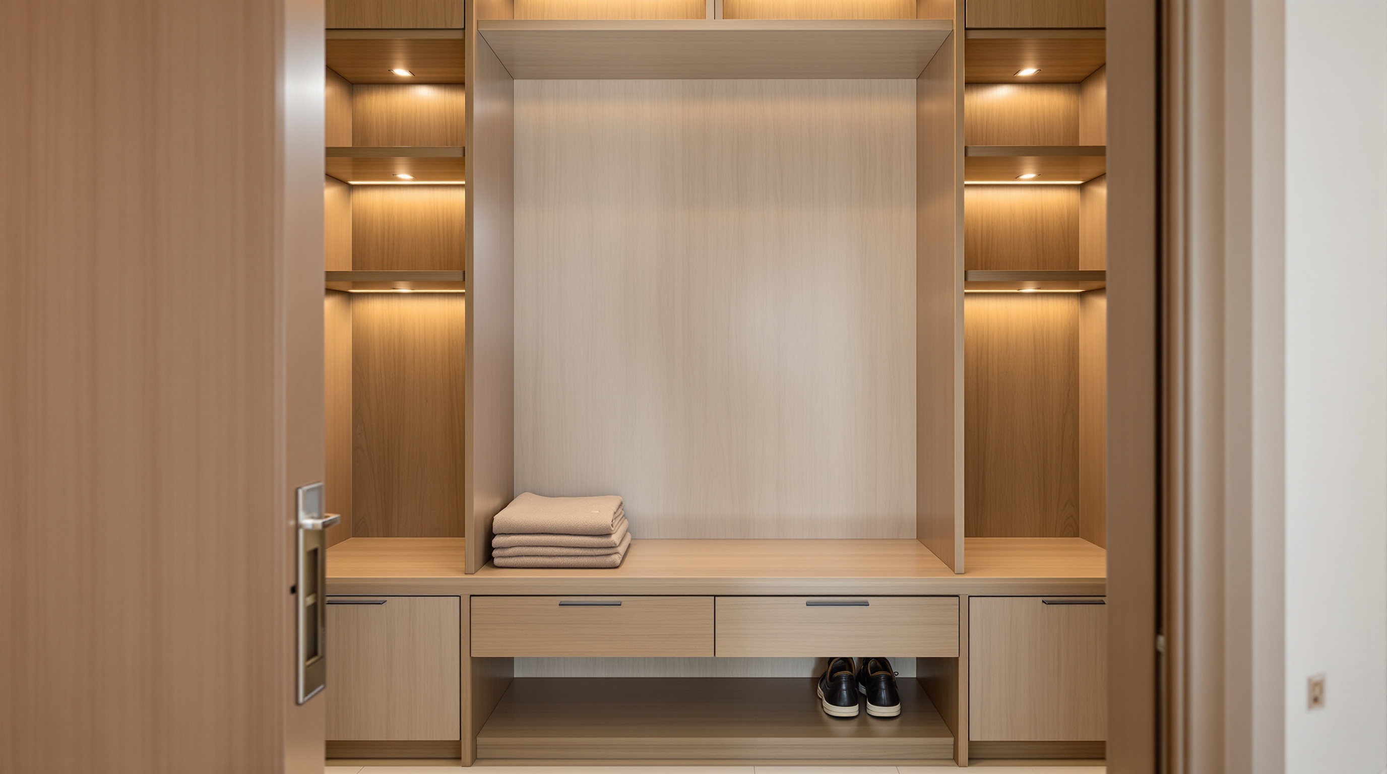 Closet integrado à suíte master com banco central e prateleiras organizadas