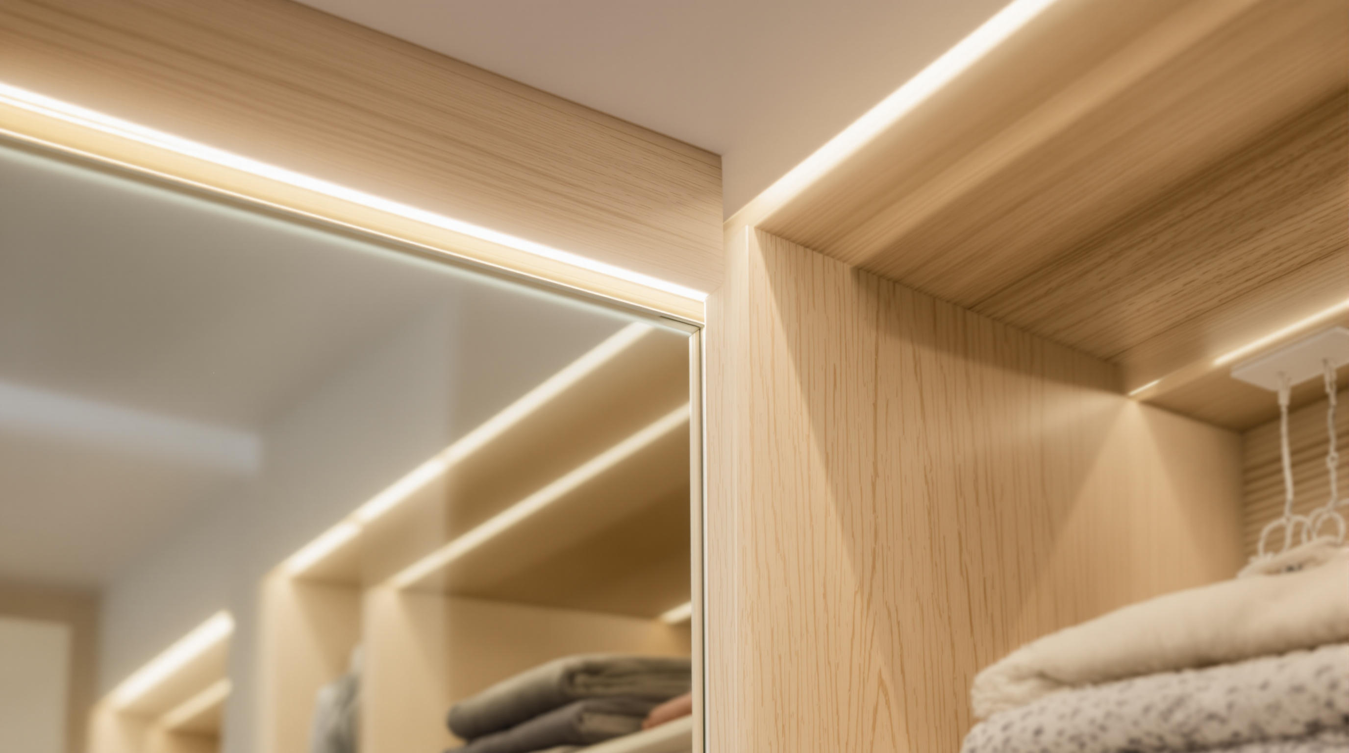 Detalhe de iluminação LED embutida em marcenaria fina de closet grande, realçando veios da madeira nobre