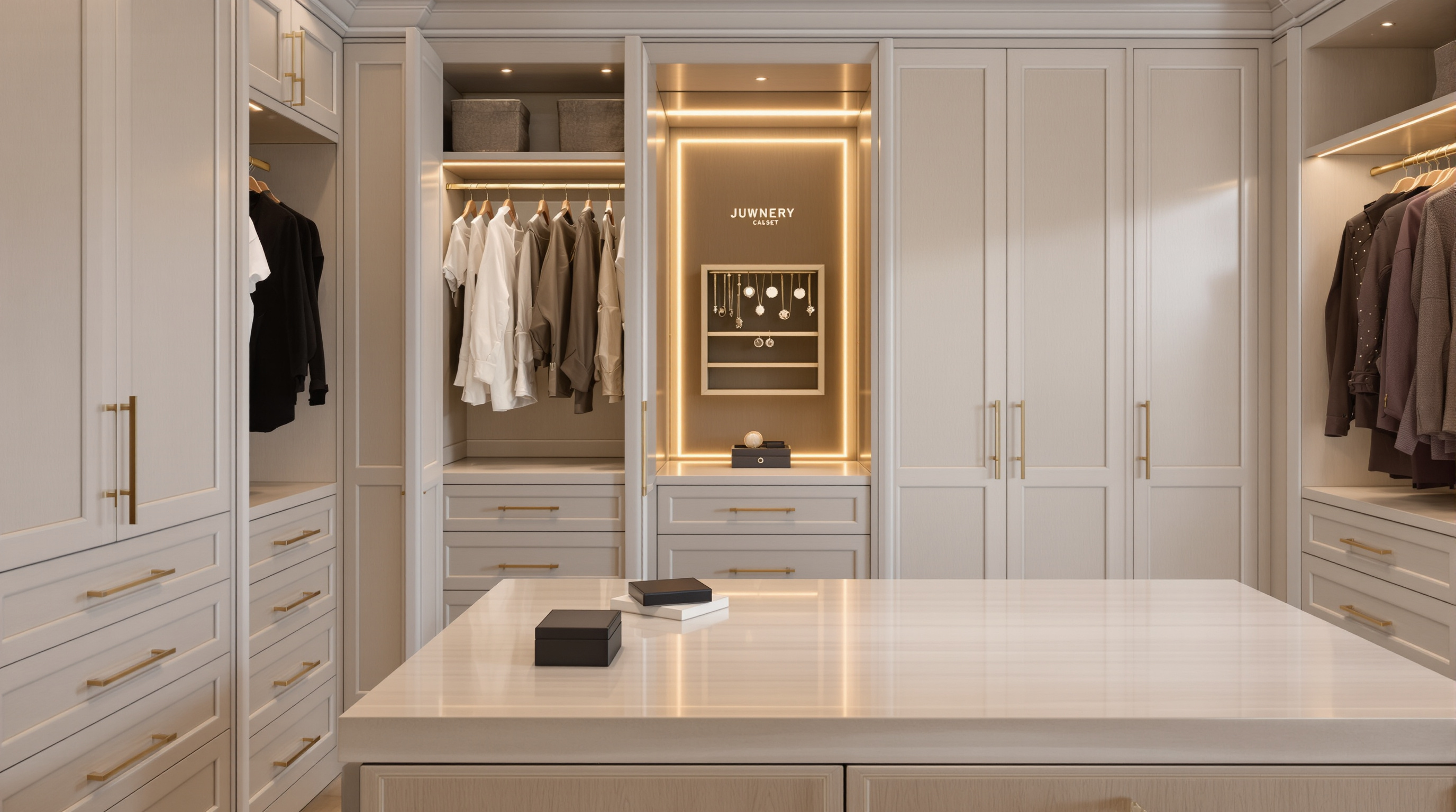Ilha central em closet grande de luxo com iluminação LED integrada, acabamentos em madeira nobre e sistema de automação