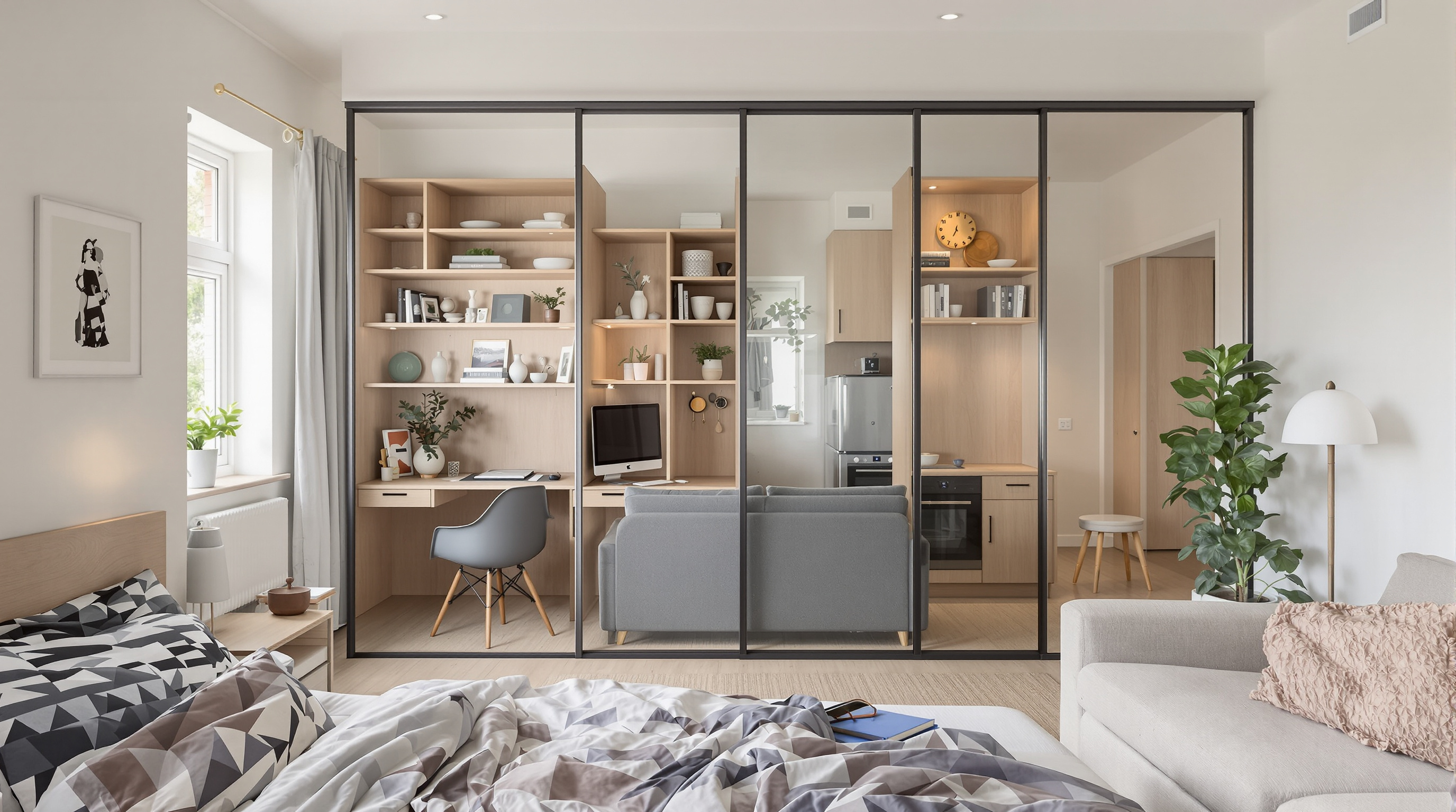 Layout reconfiguração em casa de 2030 com paredes móveis e espaços flexíveis para trabalho remoto