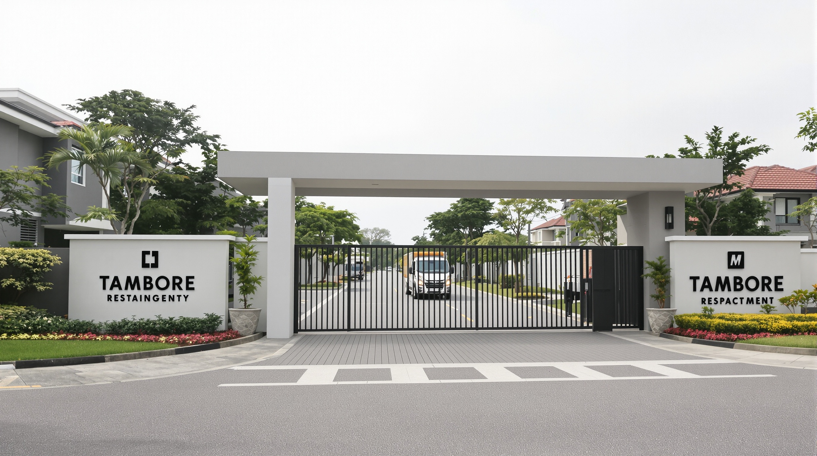 Entrada de condomínio-clube moderno em Tamboré com segurança privada e infraestrutura contemporânea de alto padrão