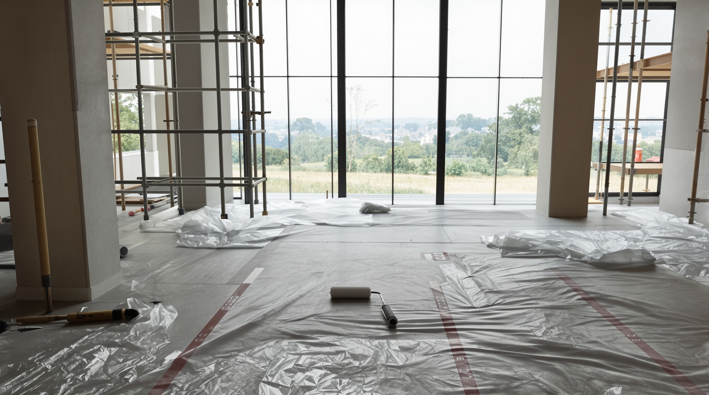 Interior em reforma de casa de luxo com estrutura de concreto e acabamentos em progresso