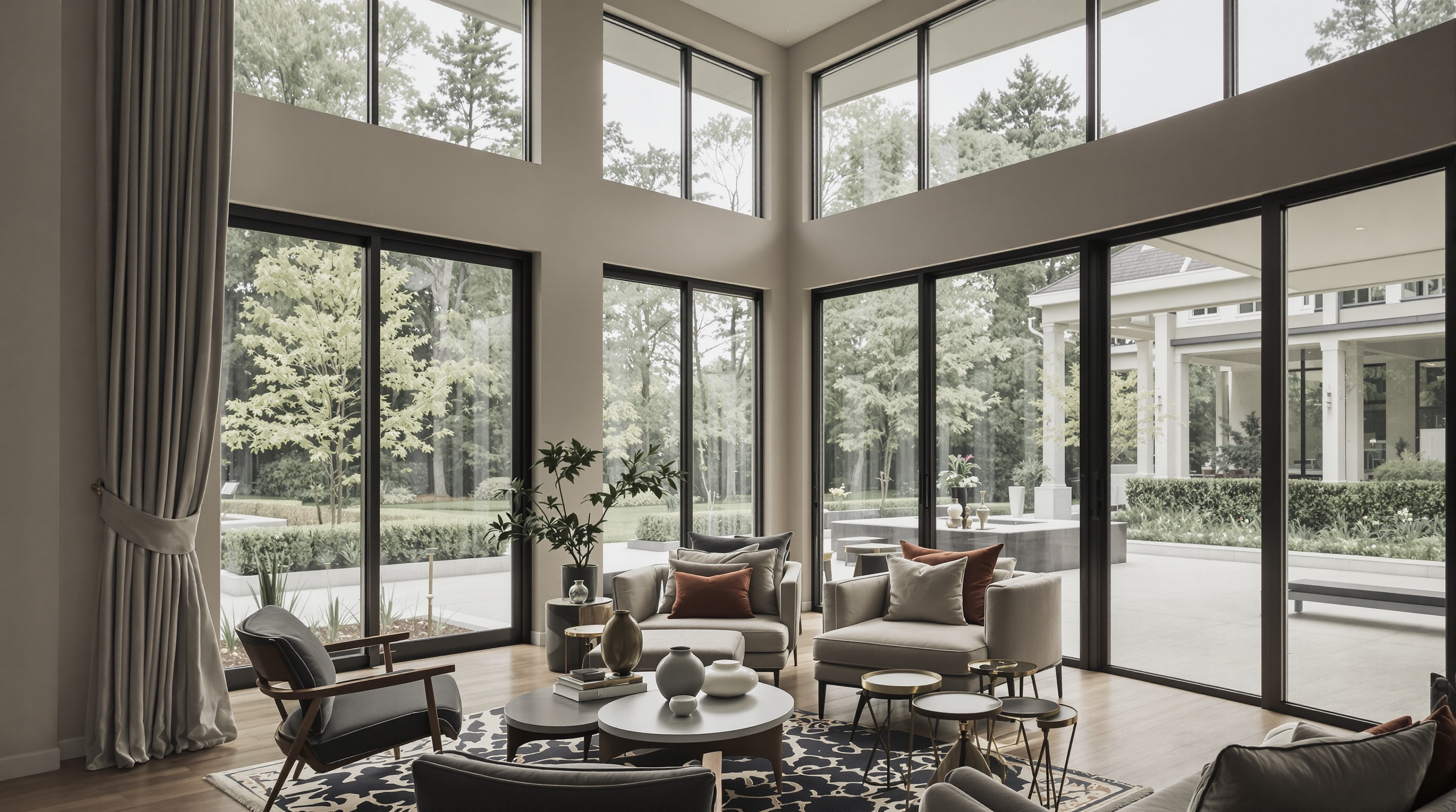 Interior de mansion contemporânea em condominio Alphaville com pé-direito duplo e vista para jardim privado