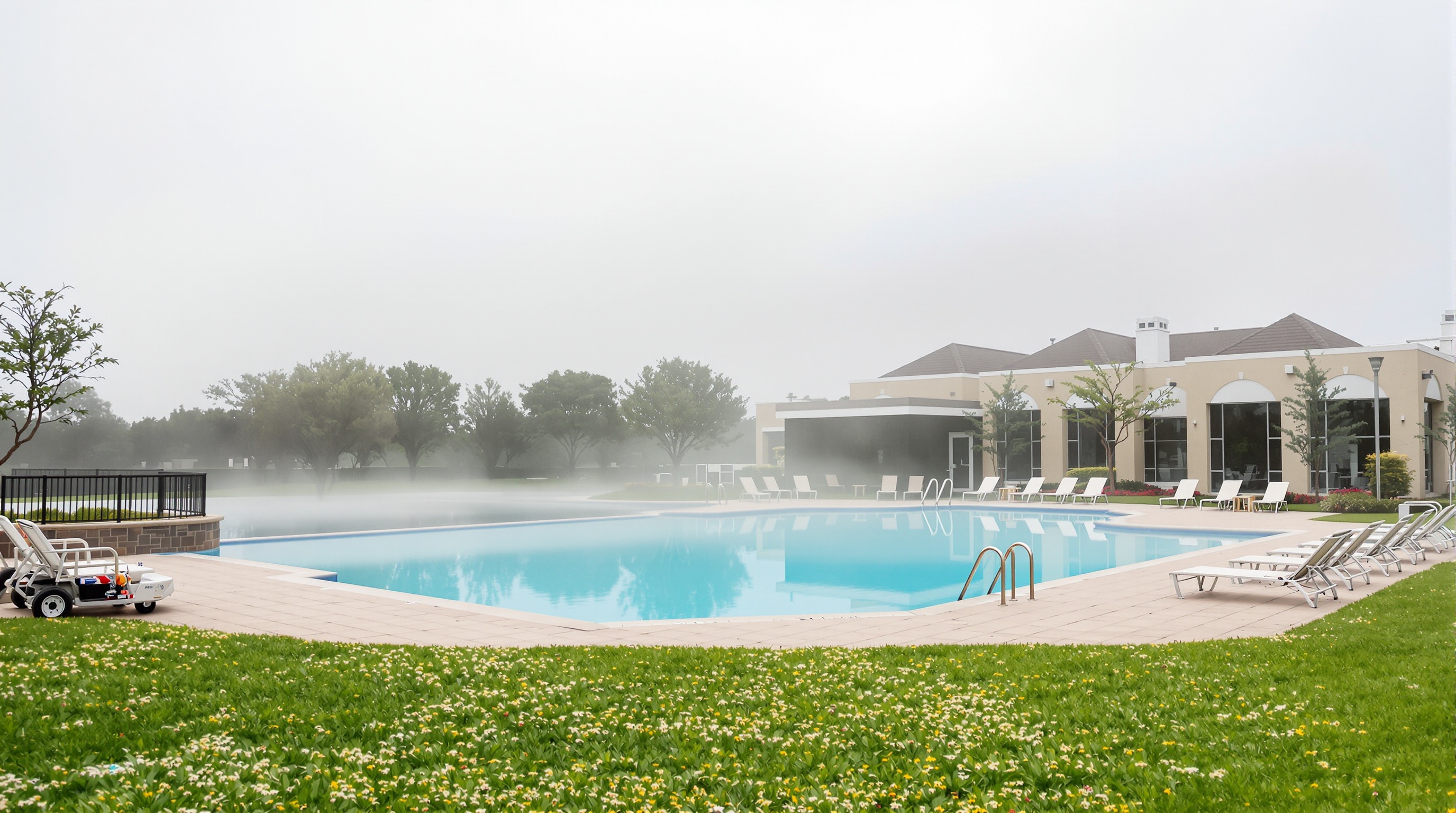 Área de clube em condominio Alphaville com piscina, espreguiçadeiras e jardim paisagístico em Barueri