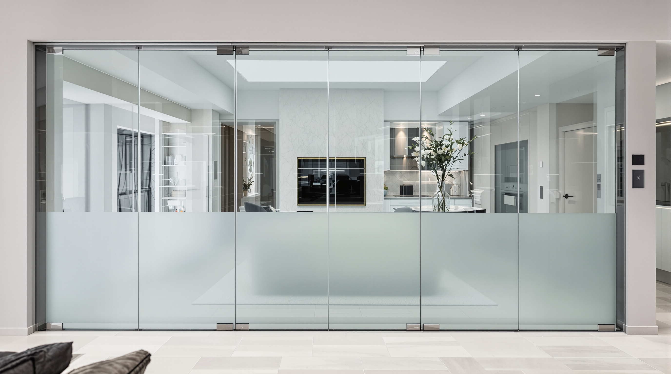 Parede de vidro temperado em divisória interna de apartamento de alto padrão, com vidro laminado e ferragem de aço inox