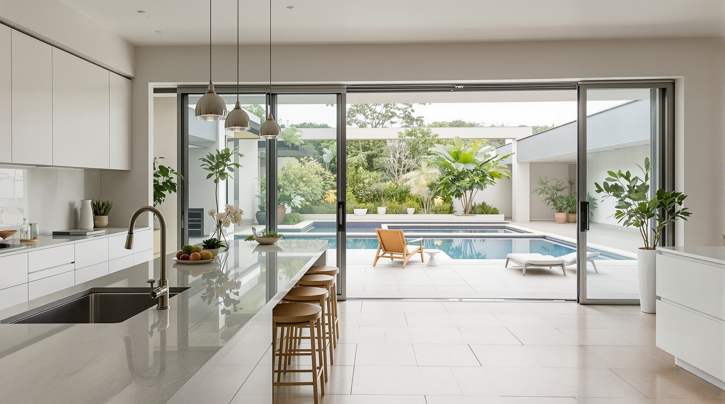 Cozinha conceito aberto com ilha conectada a varanda gourmet e piscina em casa de condomínio de luxo