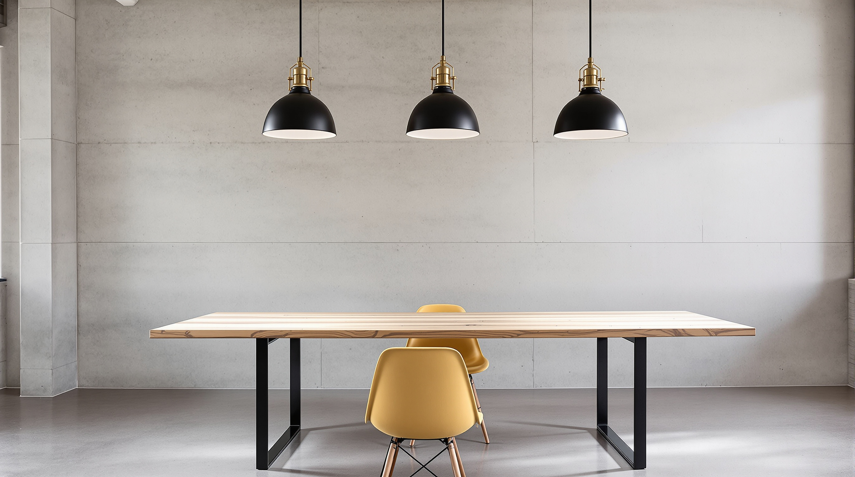 Sala de jantar com decoração estilo industrial moderno: mesa de madeira de demolição, pendentes metálicos pretos, concreto aparente e uma cadeira amarelo mostarda em acento