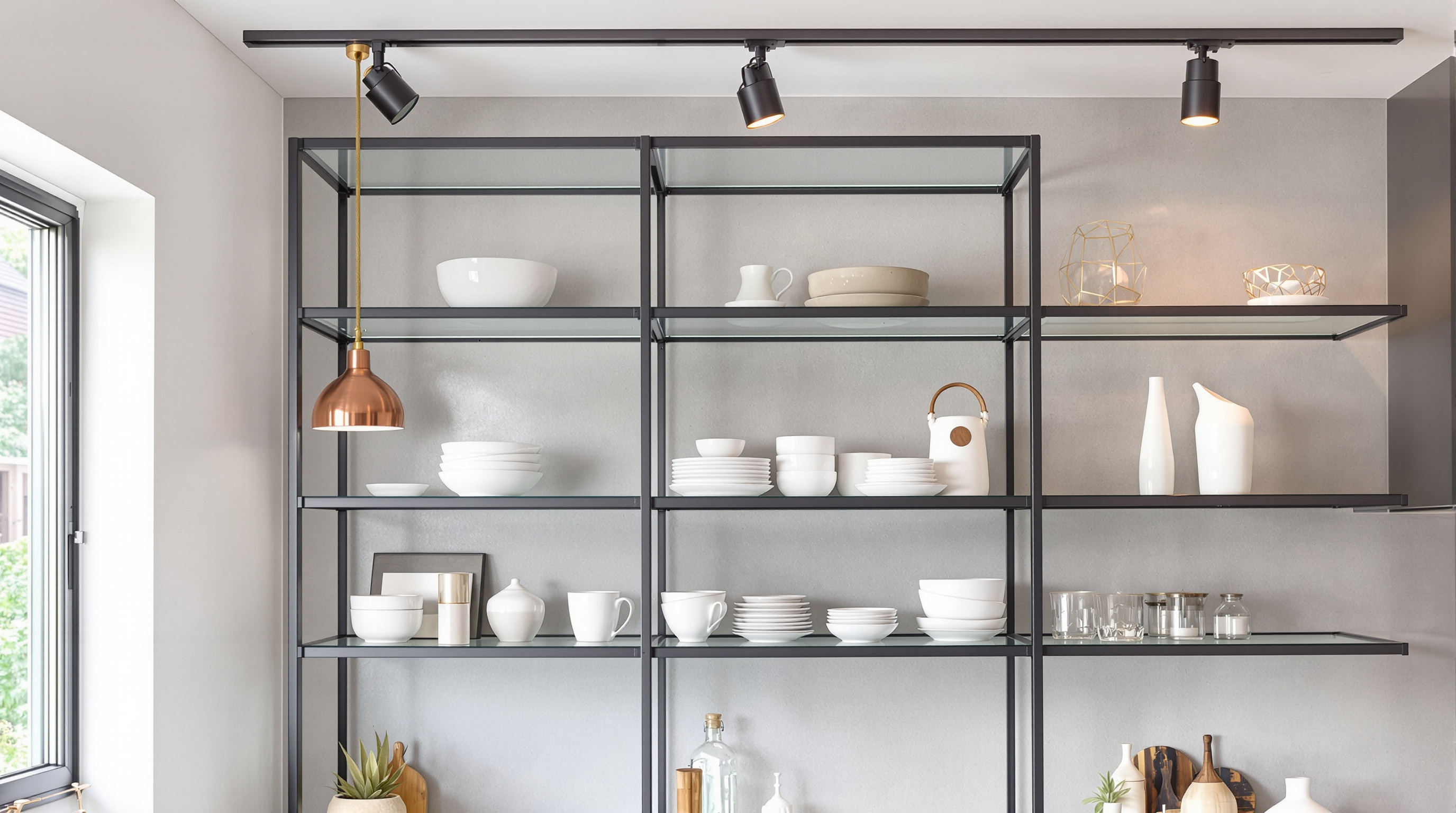 Cozinha integrada com decoração estilo industrial moderno: estantes metálicas abertas, pendente em cobre, concreto bruto e iluminação em trilhos