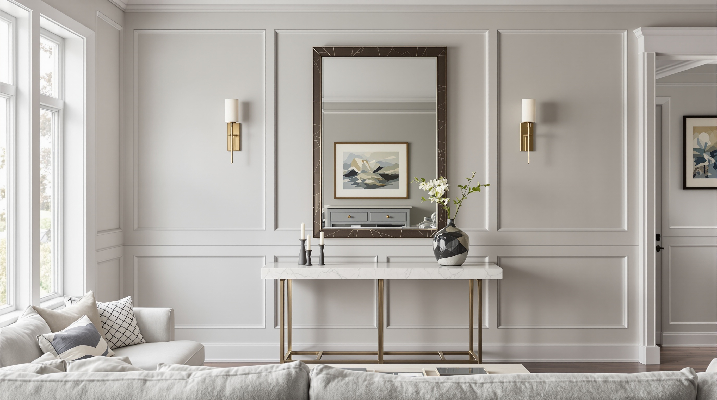 Sala com boiserie geométrica e iluminação indireta, decoração de sala com boiserie em estilo minimalista contemporâneo