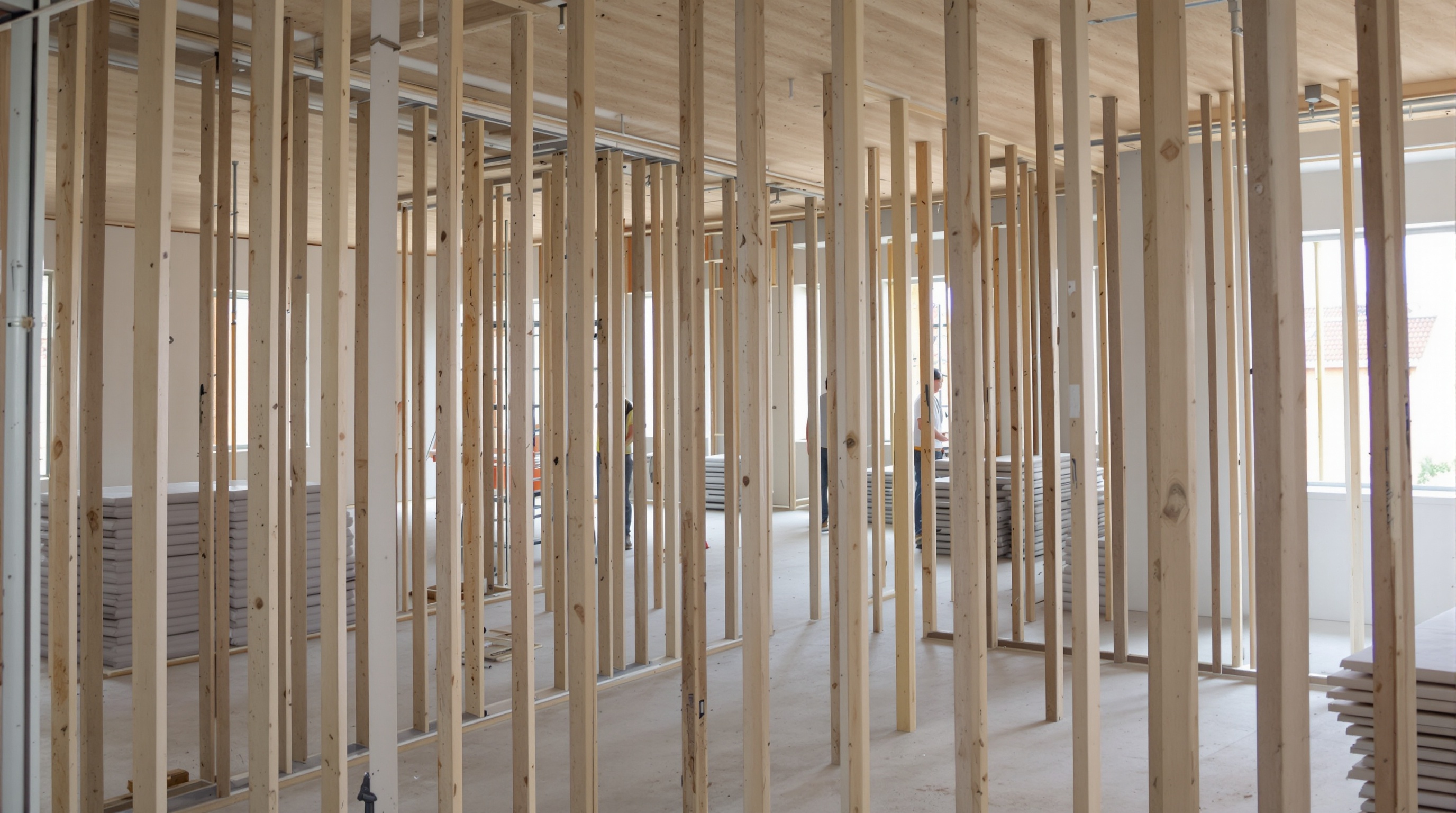 Estrutura de perfis metálicos e chapas de drywall em fase de montagem de reforma de interiores em condomínio premium