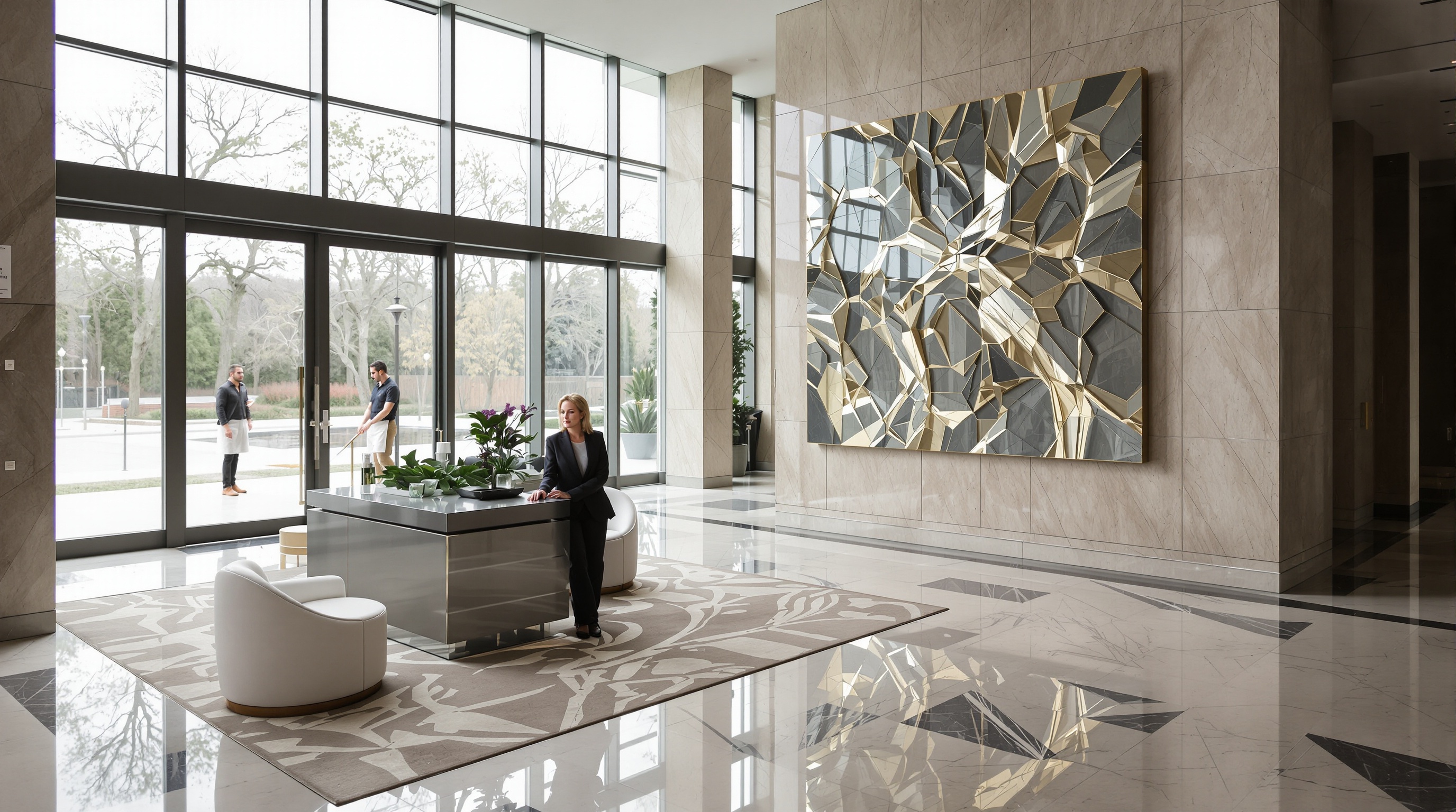 Lobby de empreendimento exclusivo com acabamento em mármore e iluminação natural matinal
