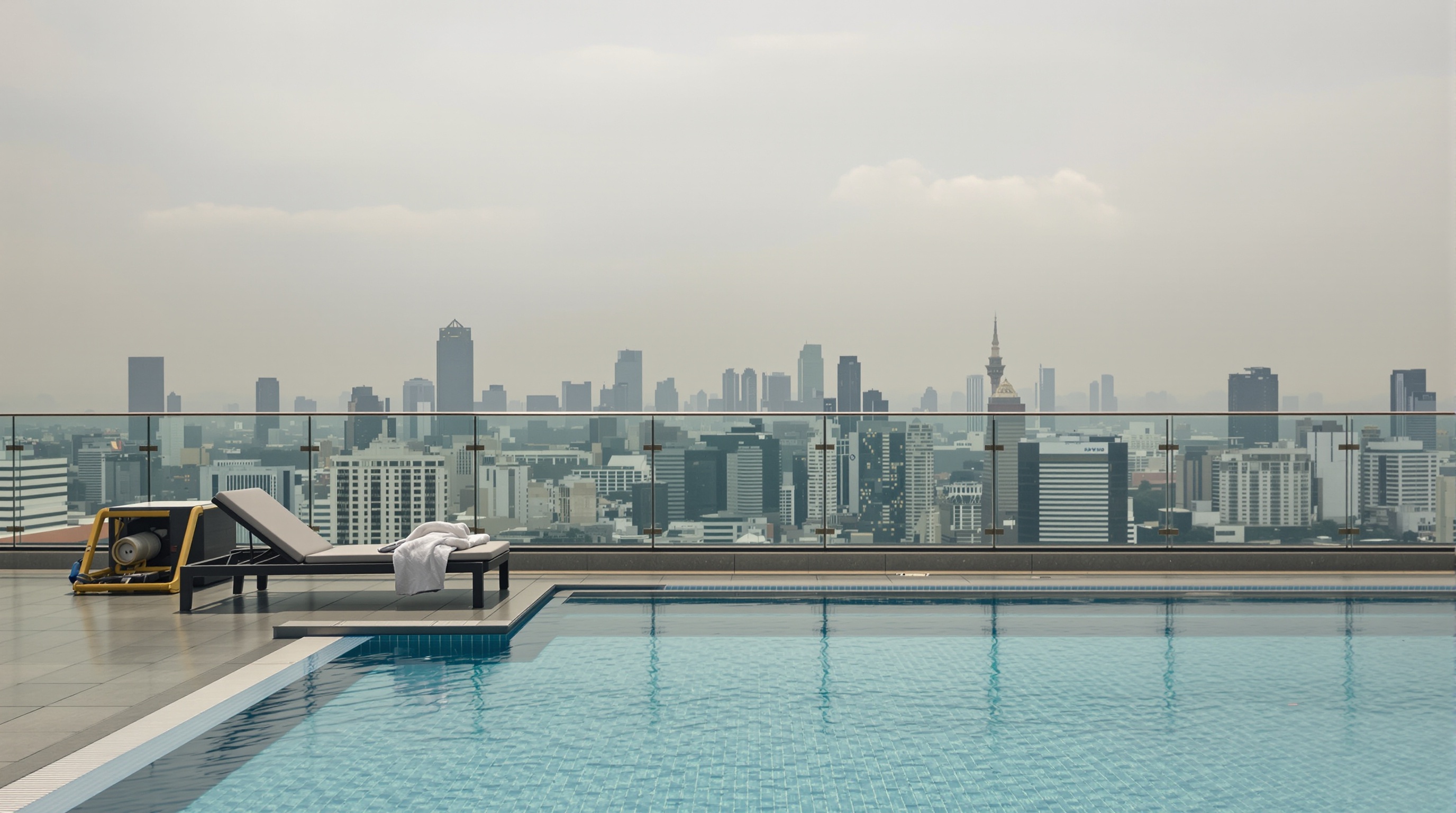 Piscina de cobertura em condomínio exclusivo com vista da skyline de São Paulo