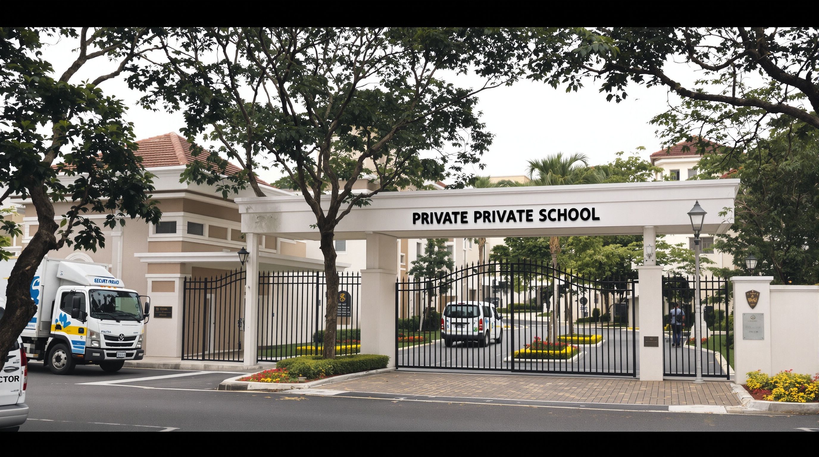 Entrada principal da escola Fazenda Boa Vista com portaria e driveway de acesso ao campus Porto Seguro
