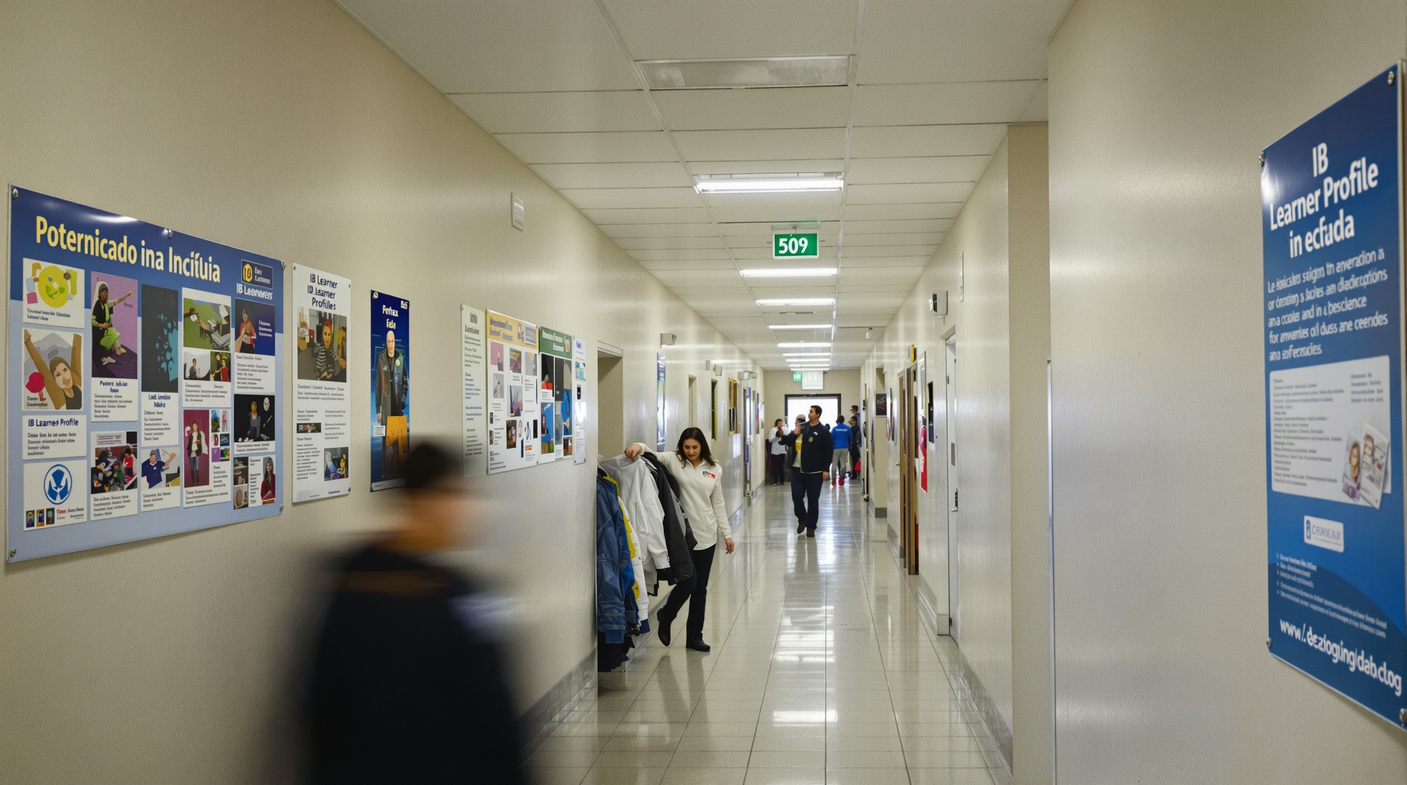 Corredor da Escola Internacional de Alphaville com sinalização bilíngue e projetos de alunos em exposição permanente