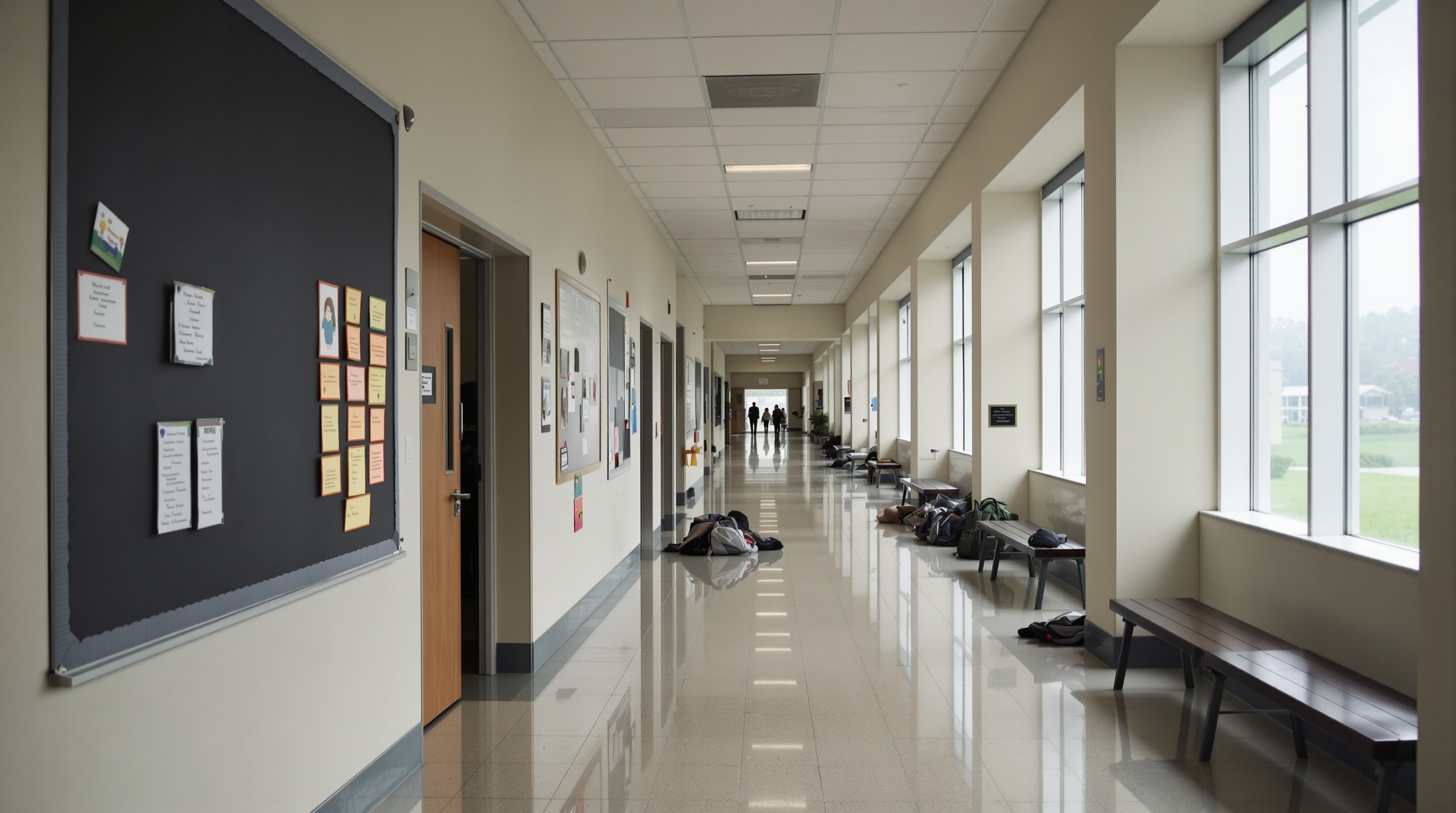 Corredor escolar moderno em Alphaville com salas de aula e luz natural